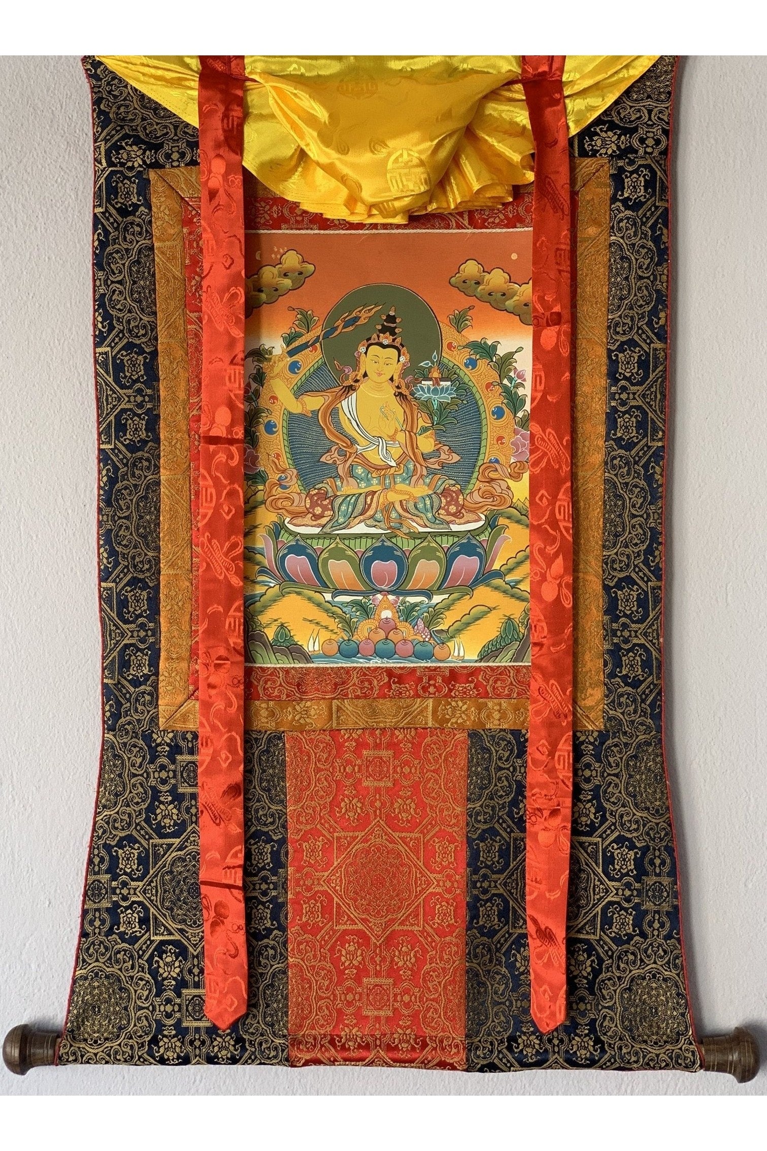 Bodhisattva of Compassion Manjushri /Manjusri/ Manjushree Original Hand - Painted Tibetan Thangka Painting/ Compassion Art With Silk Frame - Tibetan Thangka Art