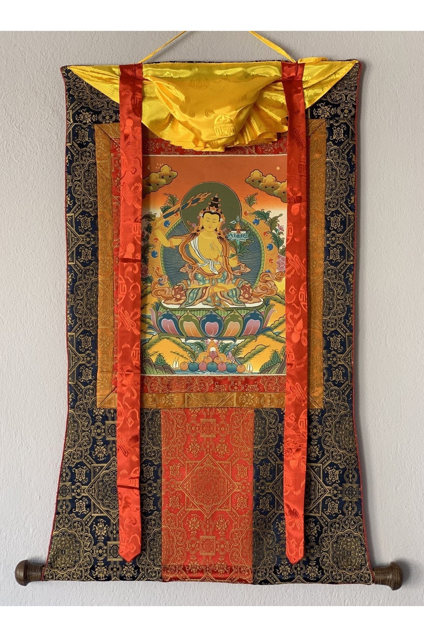 Bodhisattva of Compassion Manjushri /Manjusri/ Manjushree Original Hand - Painted Tibetan Thangka Painting/ Compassion Art With Silk Frame - Tibetan Thangka Art