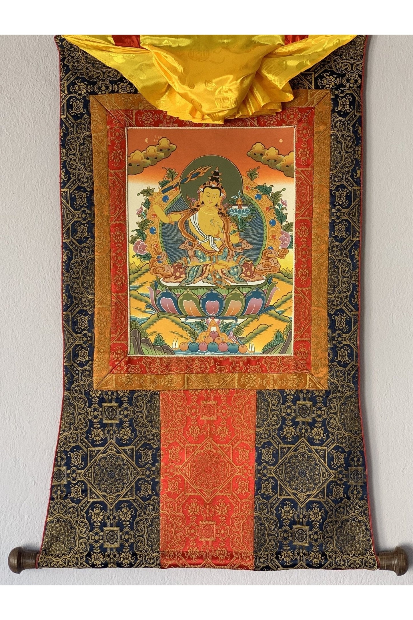 Bodhisattva of Compassion Manjushri /Manjusri/ Manjushree Original Hand - Painted Tibetan Thangka Painting/ Compassion Art With Silk Frame - Tibetan Thangka Art