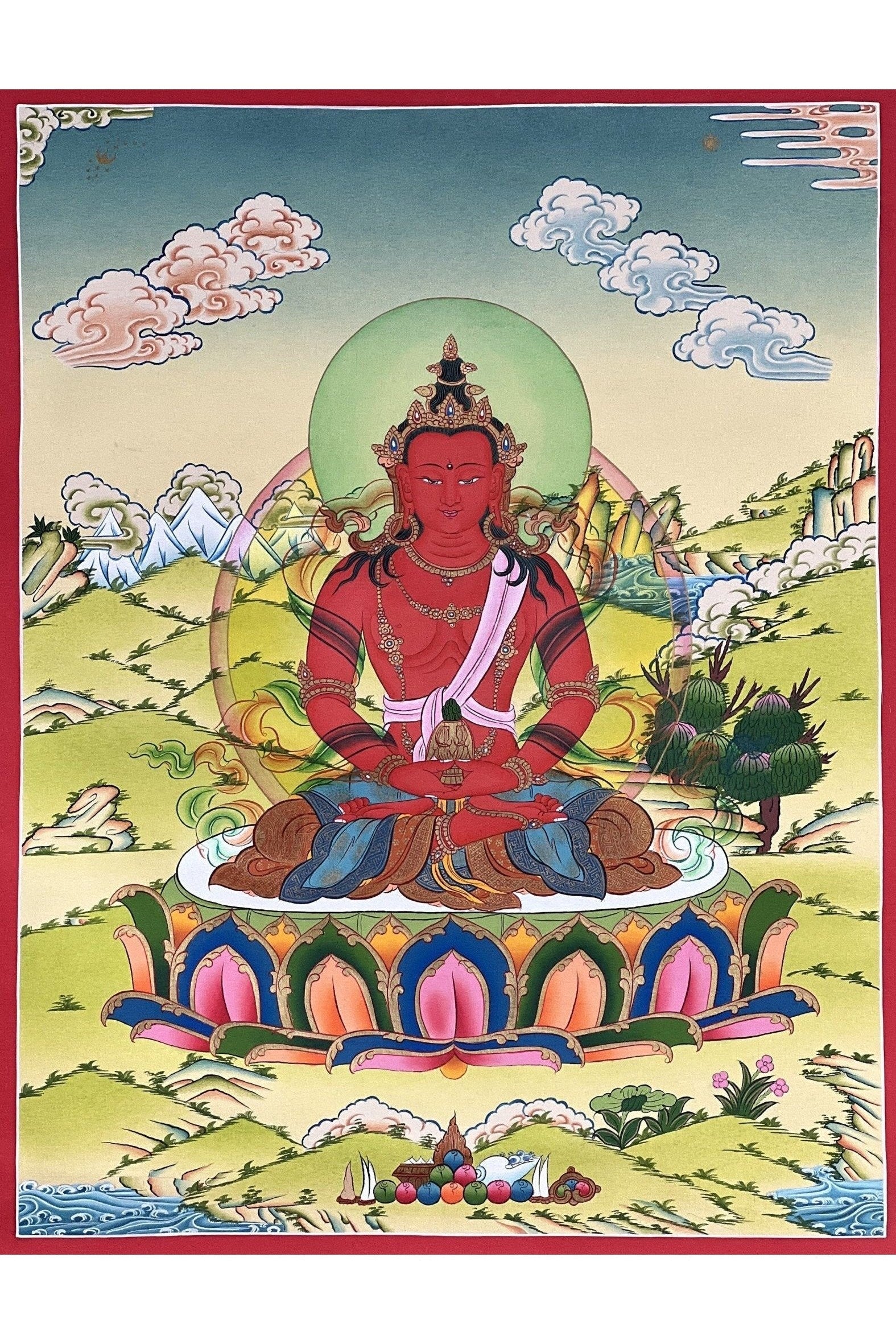 Buddha Amitayus/Aparamita Pure Land Sukhavati Buddha of Eternal Life Original Masterpiece Tibetan Thangka Painting from Nepal - Tibetan Thangka Art