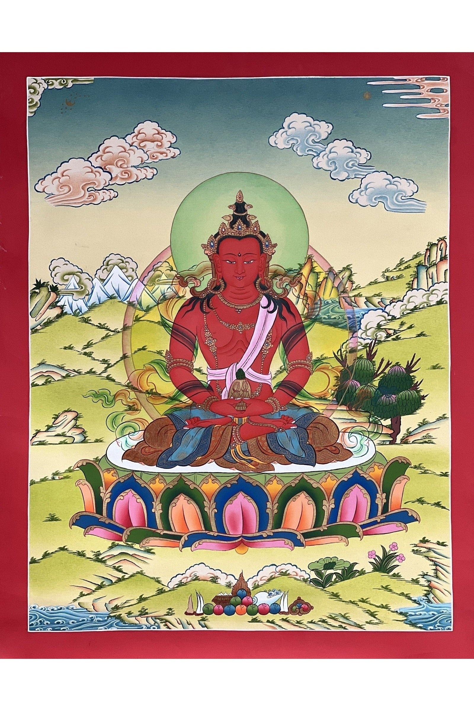 Buddha Amitayus/Aparamita Pure Land Sukhavati Buddha of Eternal Life Original Masterpiece Tibetan Thangka Painting from Nepal - Tibetan Thangka Art