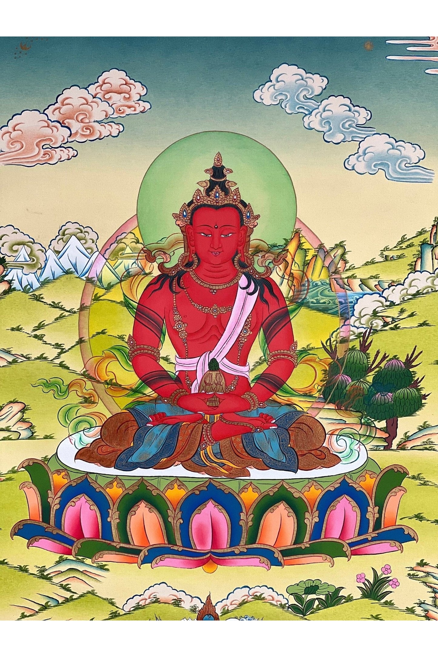 Buddha Amitayus/Aparamita Pure Land Sukhavati Buddha of Eternal Life Original Masterpiece Tibetan Thangka Painting from Nepal - Tibetan Thangka Art