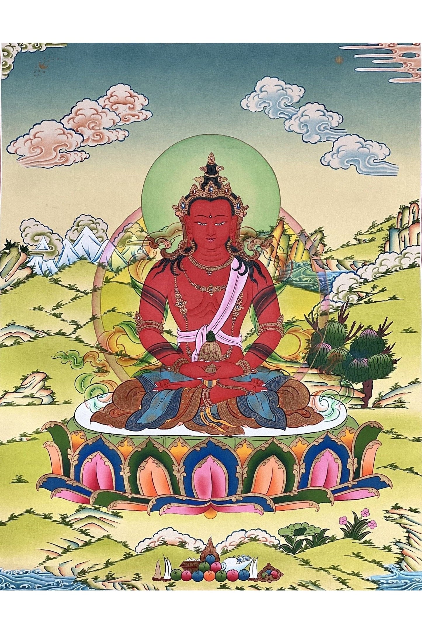 Buddha Amitayus/Aparamita Pure Land Sukhavati Buddha of Eternal Life Original Masterpiece Tibetan Thangka Painting from Nepal - Tibetan Thangka Art