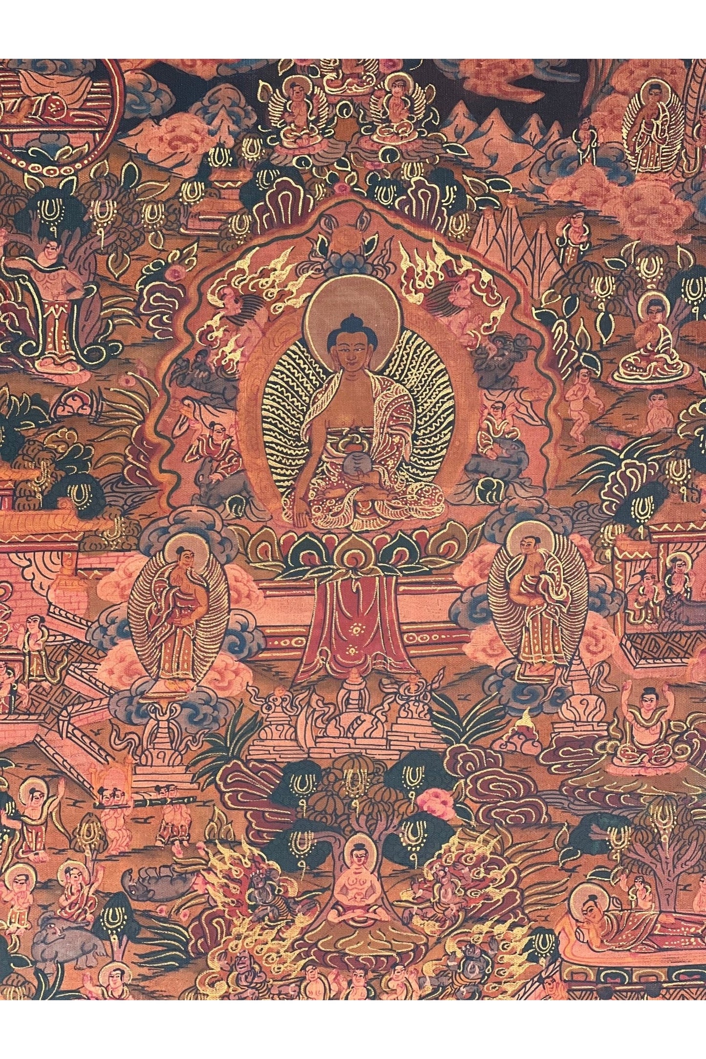 Buddha Life/ Wheel of Life Bhavacakra Mandala Old Oil - Varnished Tibetan Thangka Painting Original Art with Silk Brocade - Tibetan Thangka Art