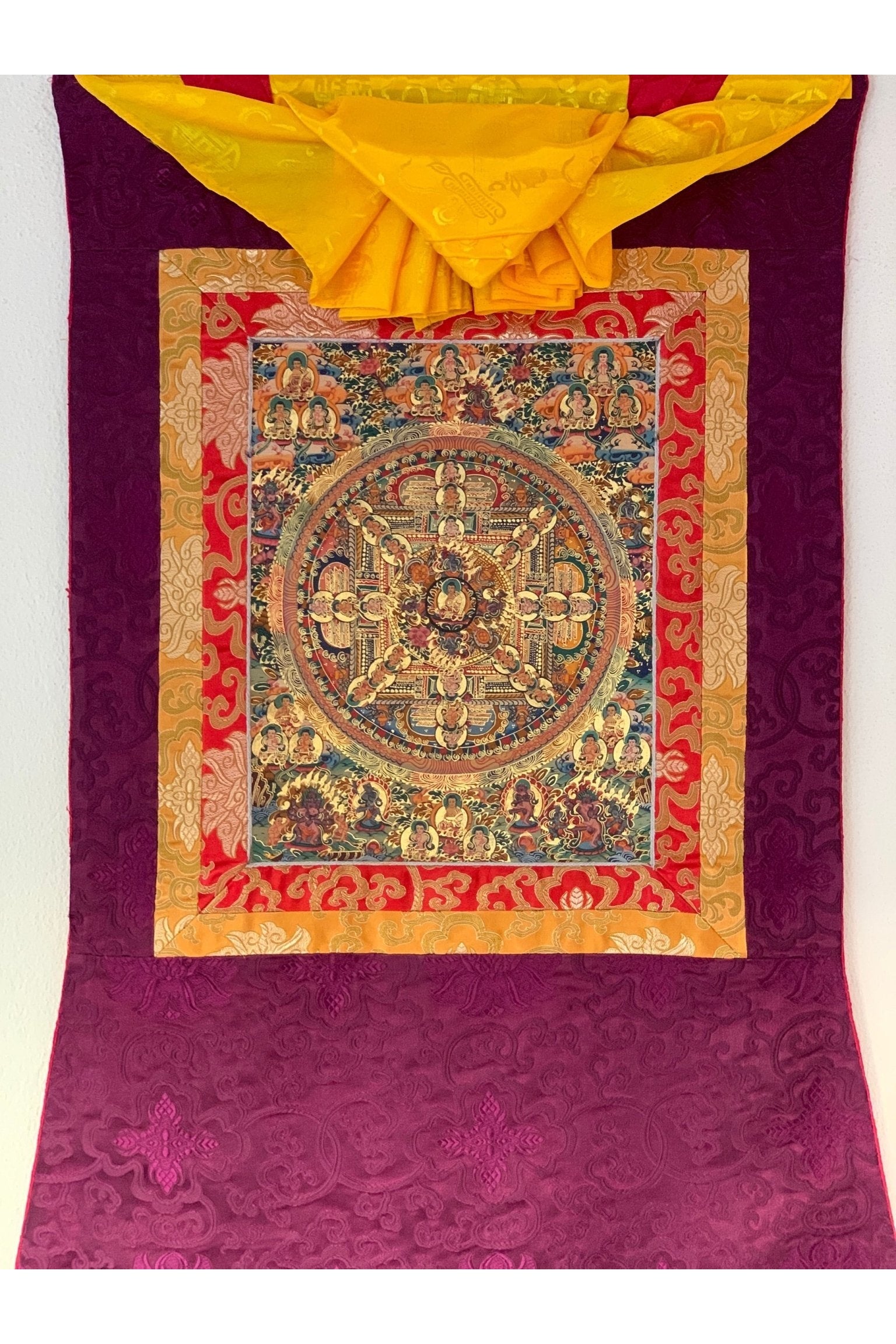 Buddha Life, Wheel of Life, Bhavacakra, Mandala, Thangka Painting, Original Art with Silk Brocade - Tibetan Thangka Art