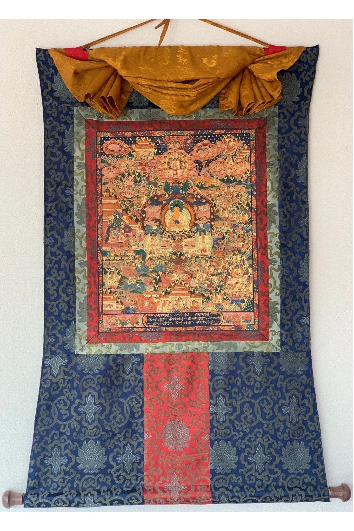 Buddha Life/ Wheel of Life/ Bhavacakra Mandala Tibetan Thangka Painting, Original Art with Silk Brocade - Tibetan Thangka Art