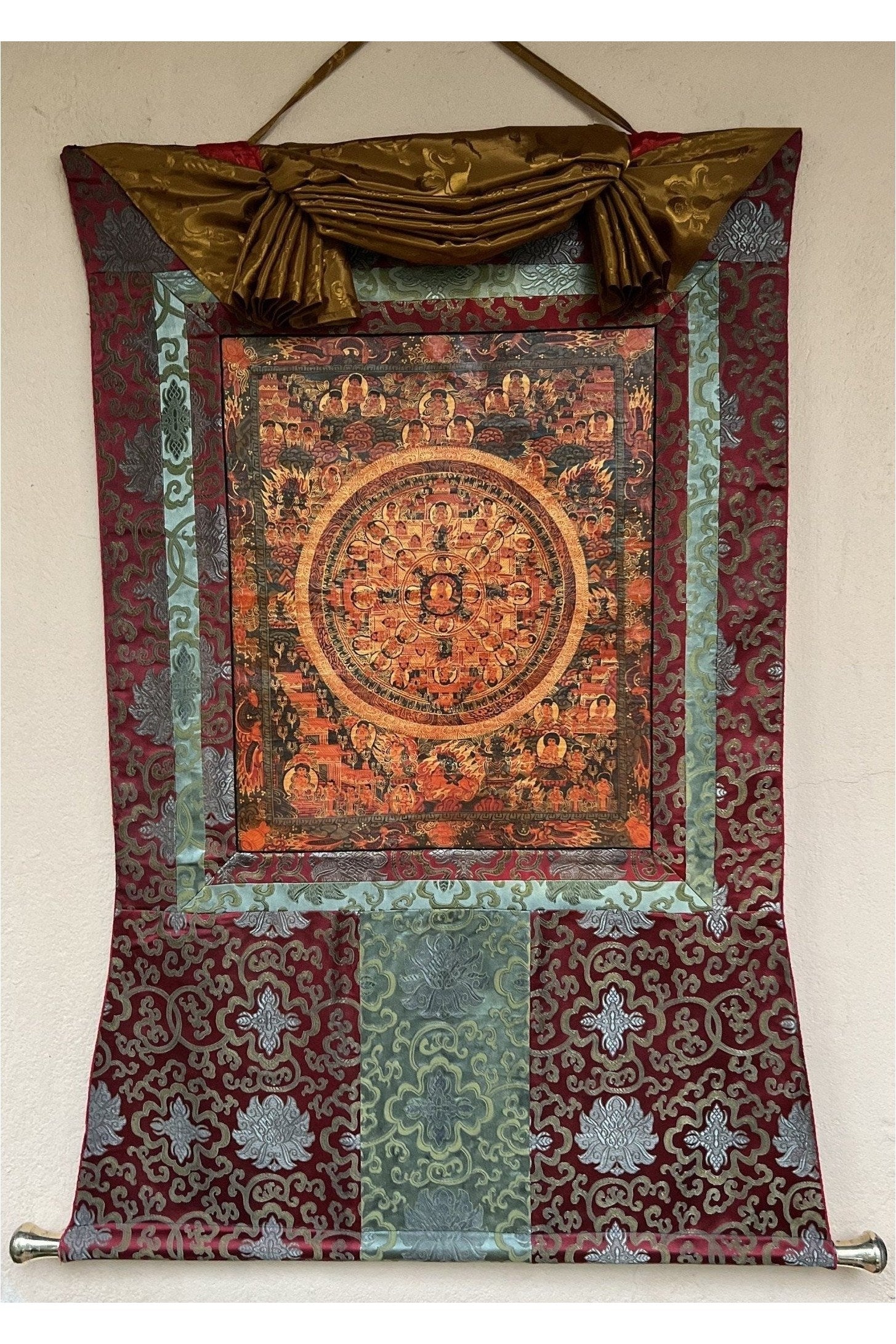 Buddha Life/ Wheel of Life/ Bhavachakra Mandala Old Oil Varnished Tibetan Thangka Painting Original Art with Silk Brocade - Tibetan Thangka Art