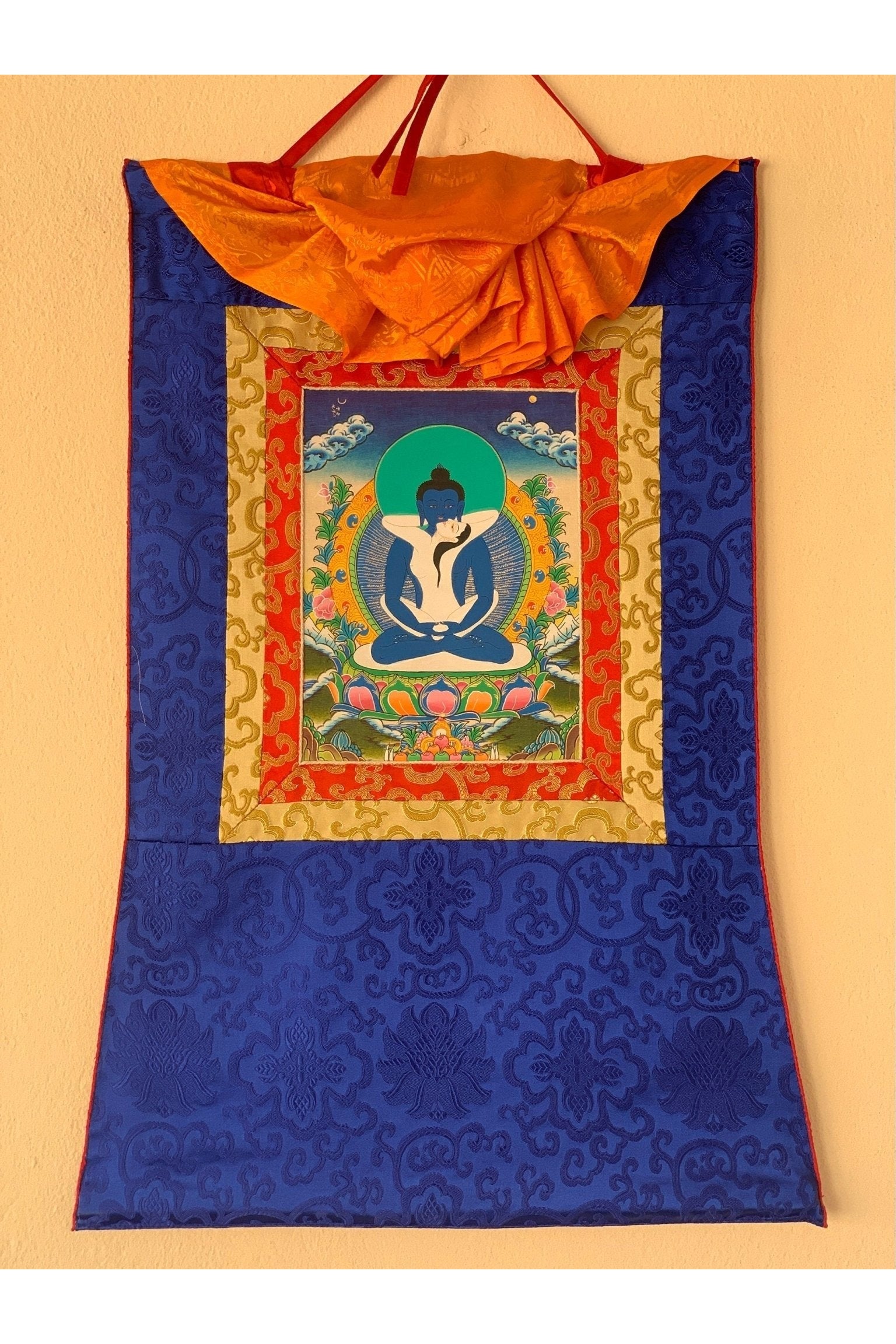 Buddha Shakti, Samantabhadra Bodhisattva, Tibetan Thangka Painting, Original Art with Silk Frame ( Brocade) - Tibetan Thangka Art