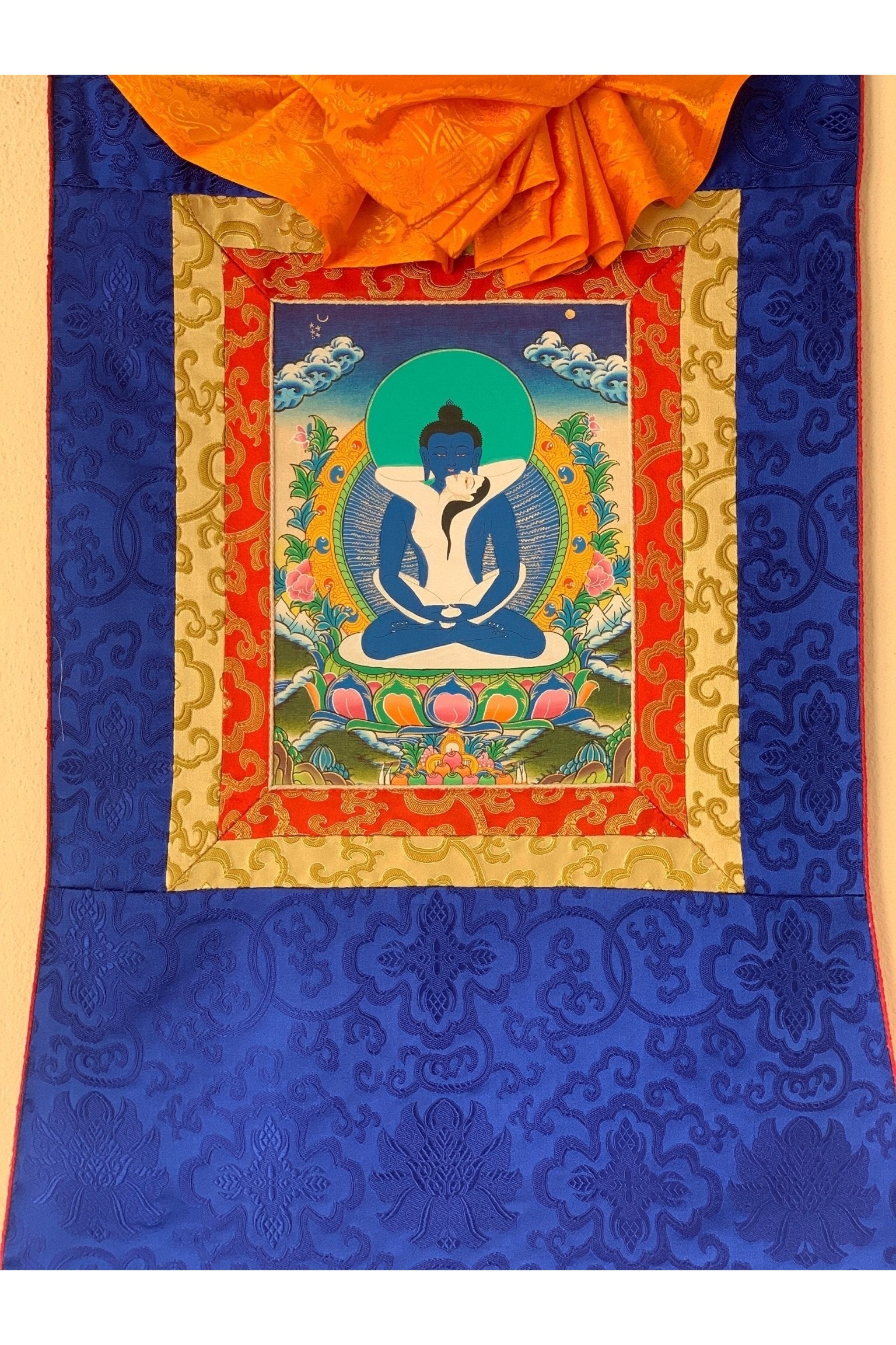 Buddha Shakti, Samantabhadra Bodhisattva, Tibetan Thangka Painting, Original Art with Silk Frame ( Brocade) - Tibetan Thangka Art