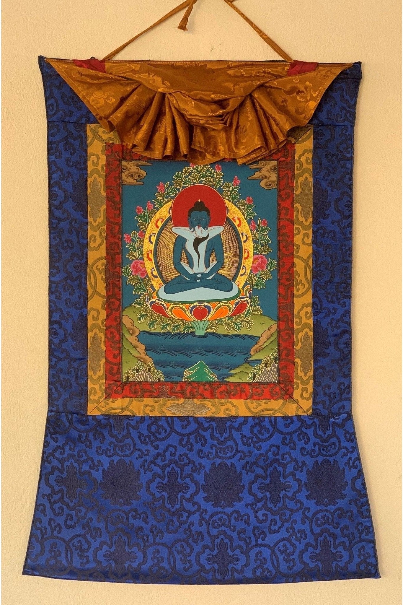 Buddha Shakti, Samantabhadra, Tibetan Thangka Painting, Original Art, with Silk Brocade (Frame) - Tibetan Thangka Art