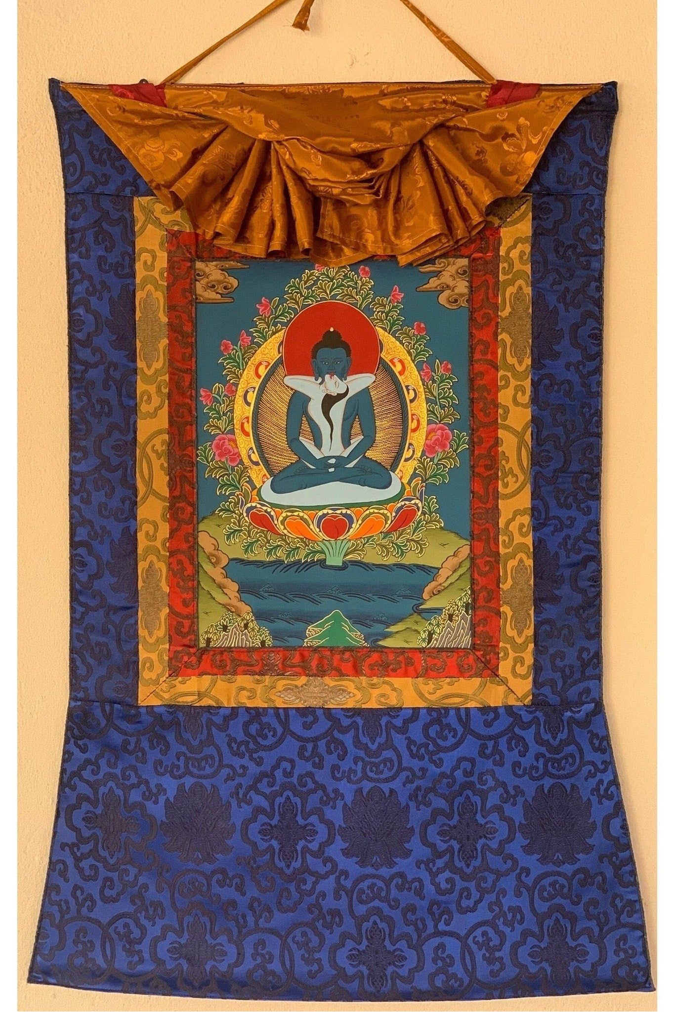 Buddha Shakti, Samantabhadra, Tibetan Thangka Painting, Original Art, with Silk Brocade (Frame) - Tibetan Thangka Art