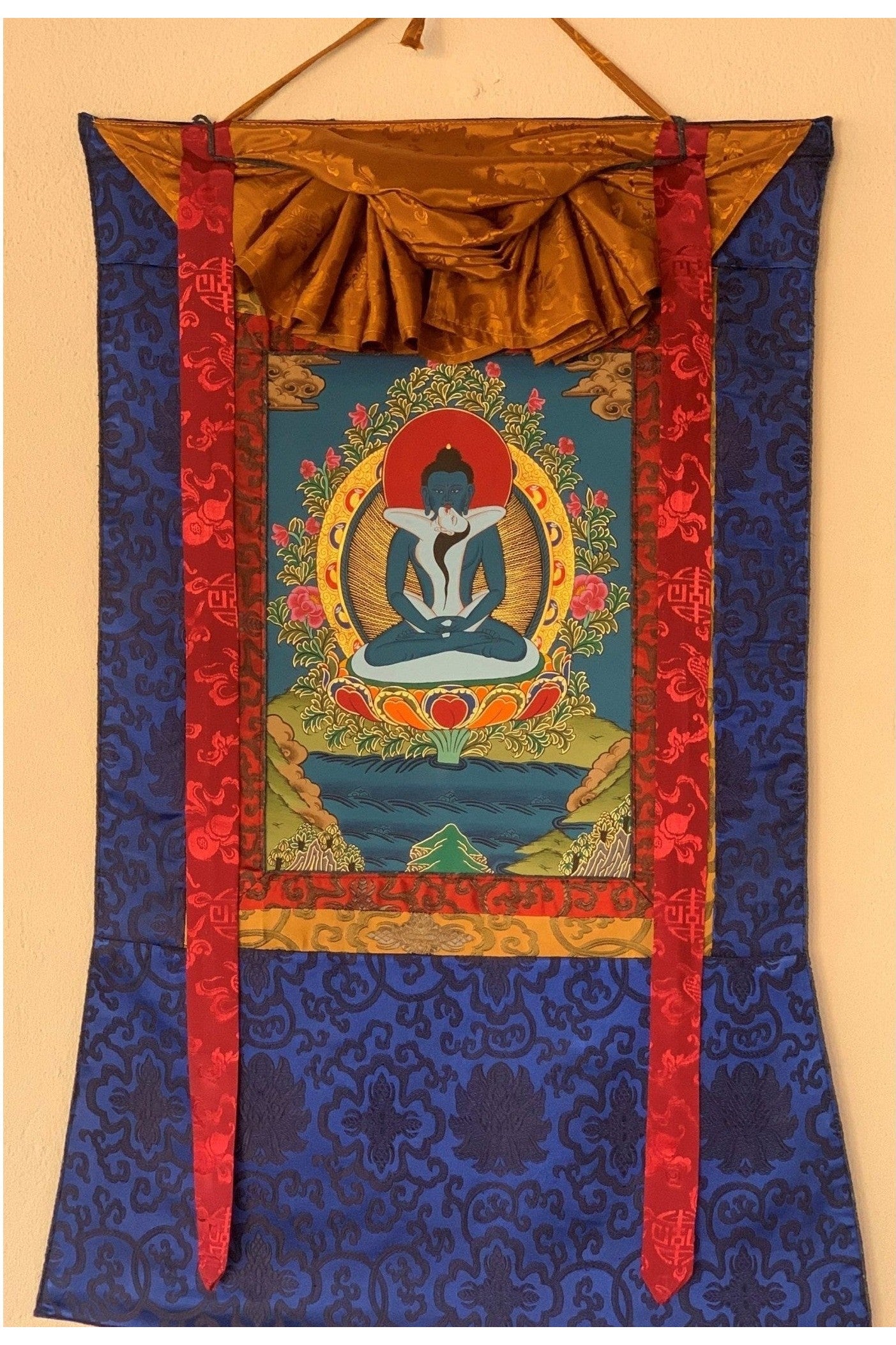 Buddha Shakti, Samantabhadra, Tibetan Thangka Painting, Original Art, with Silk Brocade (Frame) - Tibetan Thangka Art