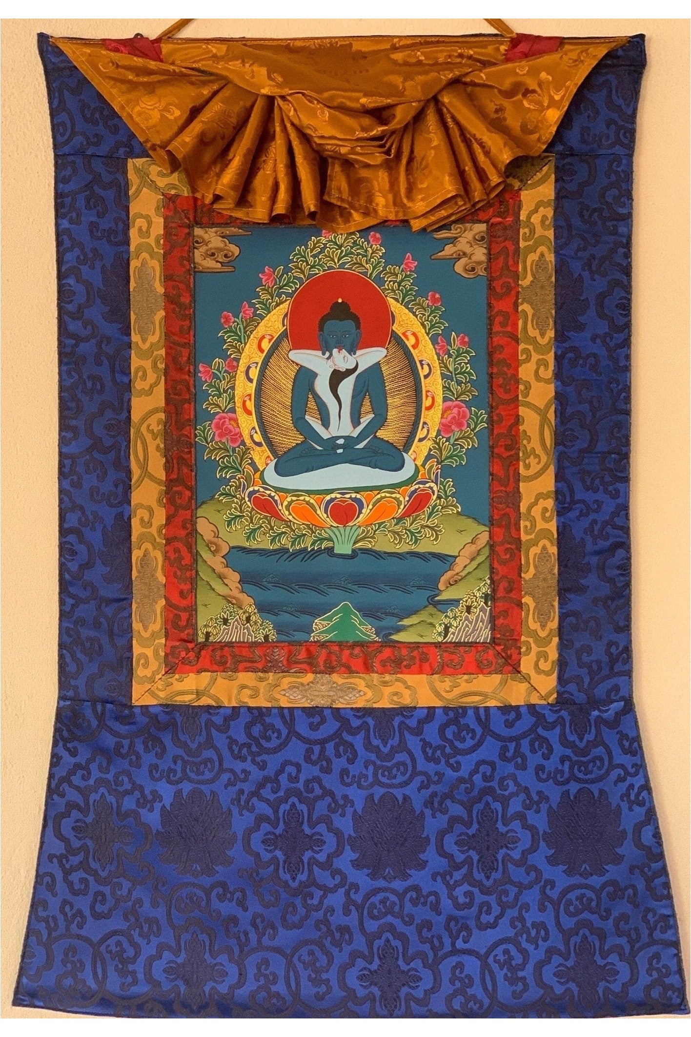 Buddha Shakti, Samantabhadra, Tibetan Thangka Painting, Original Art, with Silk Brocade (Frame) - Tibetan Thangka Art