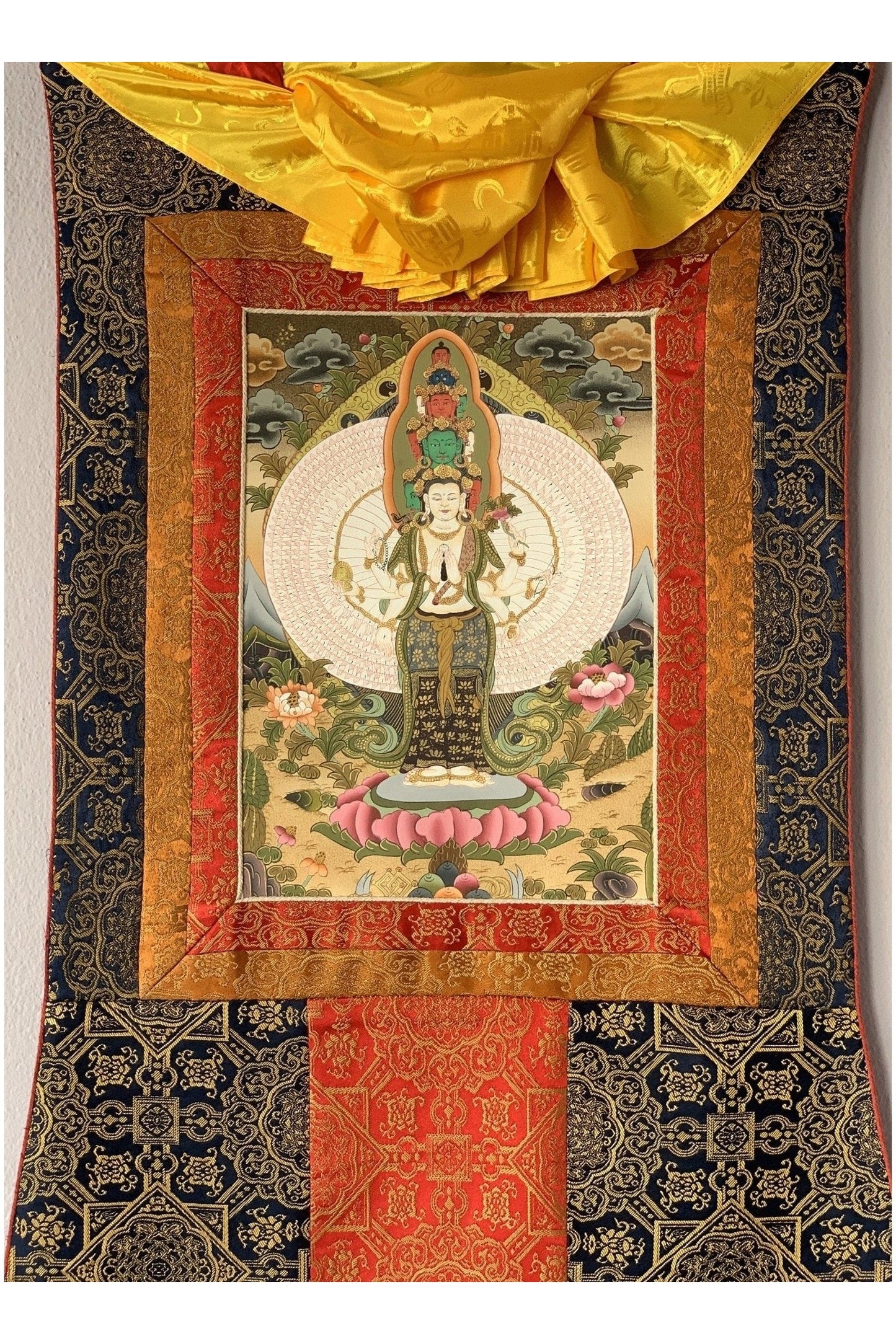 Chenrezig/ Avalokiteshvara Tibetan Thangka Painting Original Hand Painting Sacred Art with Premium Silk Border - Tibetan Thangka Art