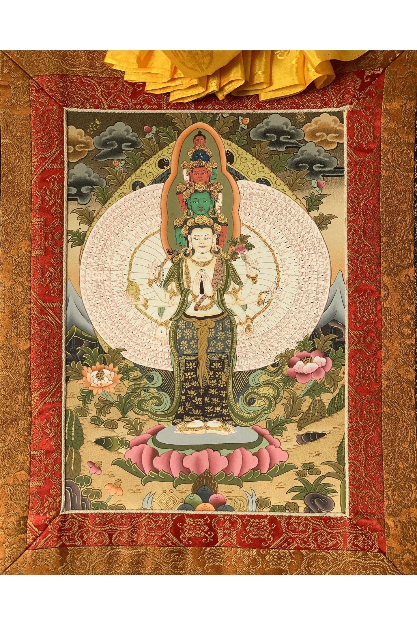 Chenrezig/ Avalokiteshvara Tibetan Thangka Painting Original Hand Painting Sacred Art with Premium Silk Border - Tibetan Thangka Art