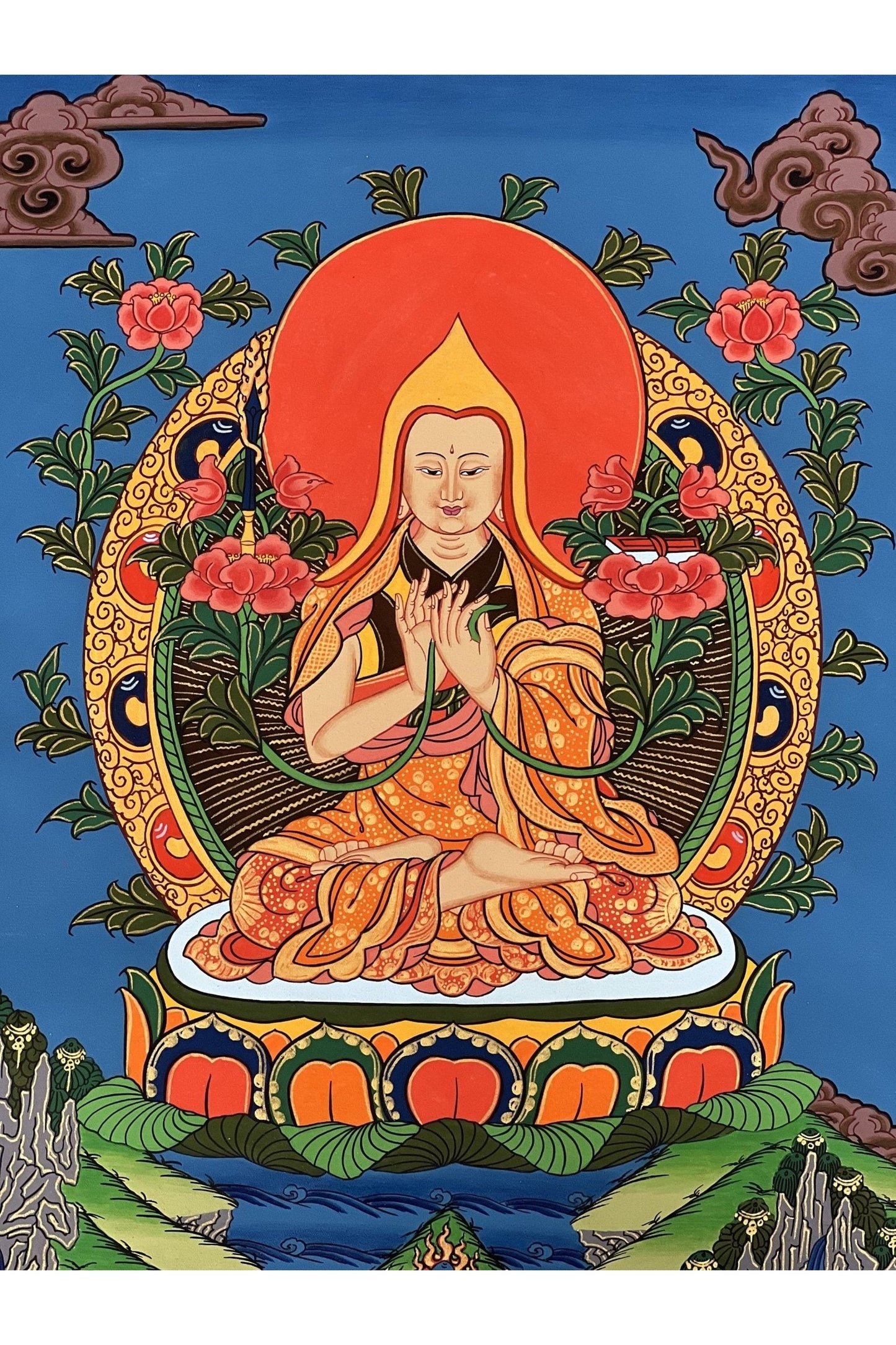 Chongapa/ Je Tsongkhapa Tibetan Master High Quality Tibetan Thangka Painting Original Art with Silk Brocade - Tibetan Thangka Art