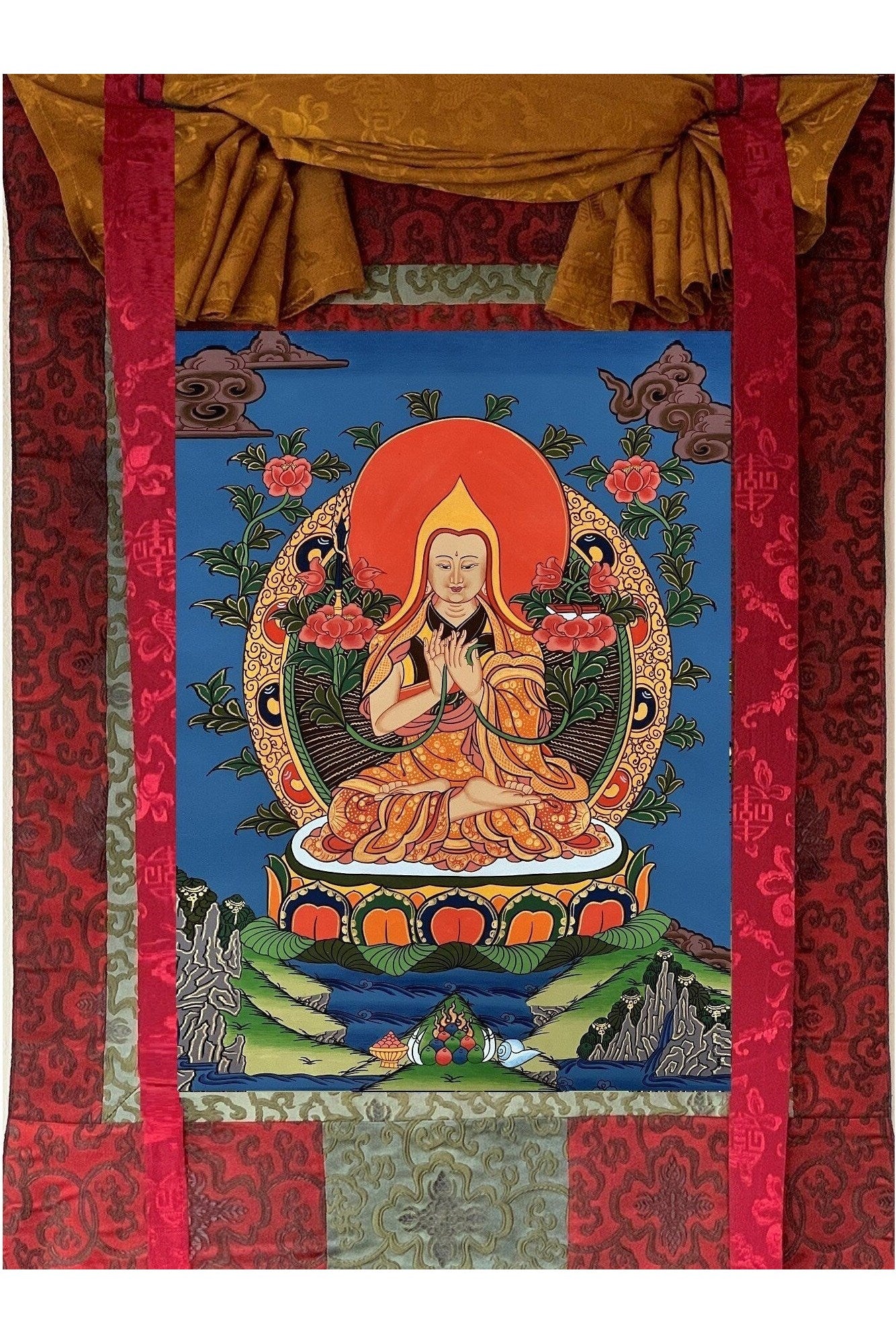 Chongapa/ Je Tsongkhapa Tibetan Master High Quality Tibetan Thangka Painting Original Art with Silk Brocade - Tibetan Thangka Art