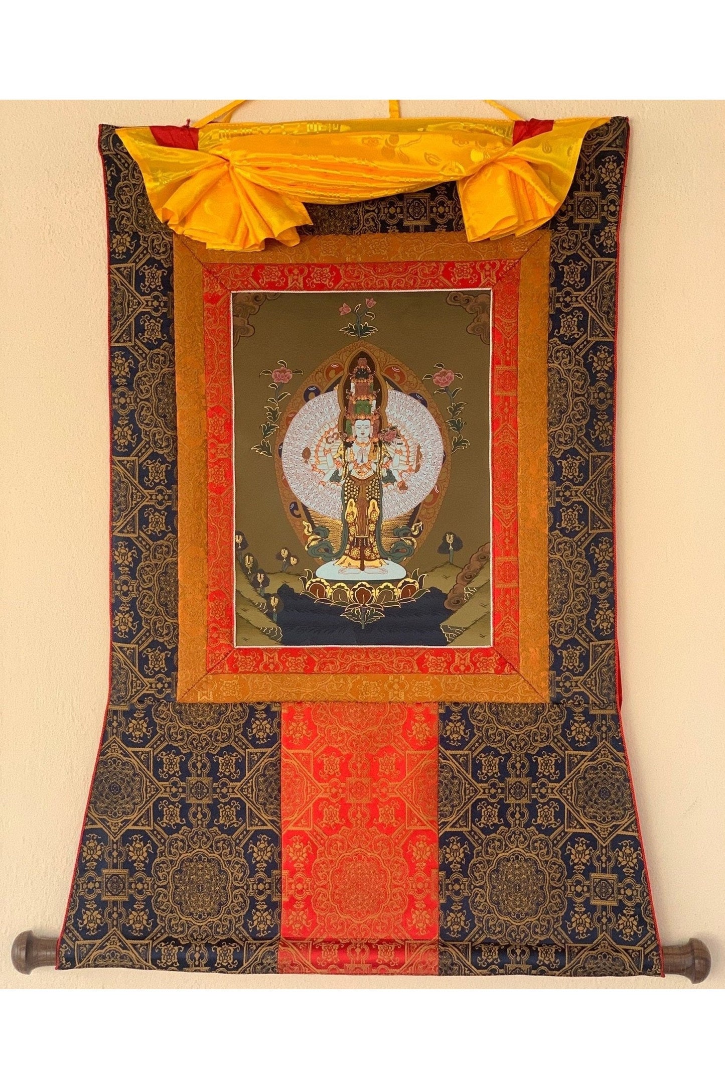 Chyangresi, Chenrezig, Avalokiteshvara, Bodhisattva, Thangka Painting, Original Art with Premium Silk Brocade - Tibetan Thangka Art