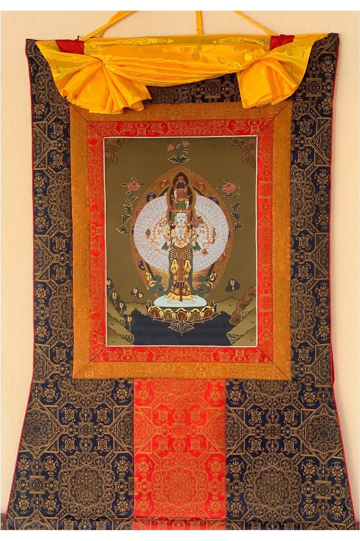 Chyangresi, Chenrezig, Avalokiteshvara, Bodhisattva, Thangka Painting, Original Art with Premium Silk Brocade - Tibetan Thangka Art