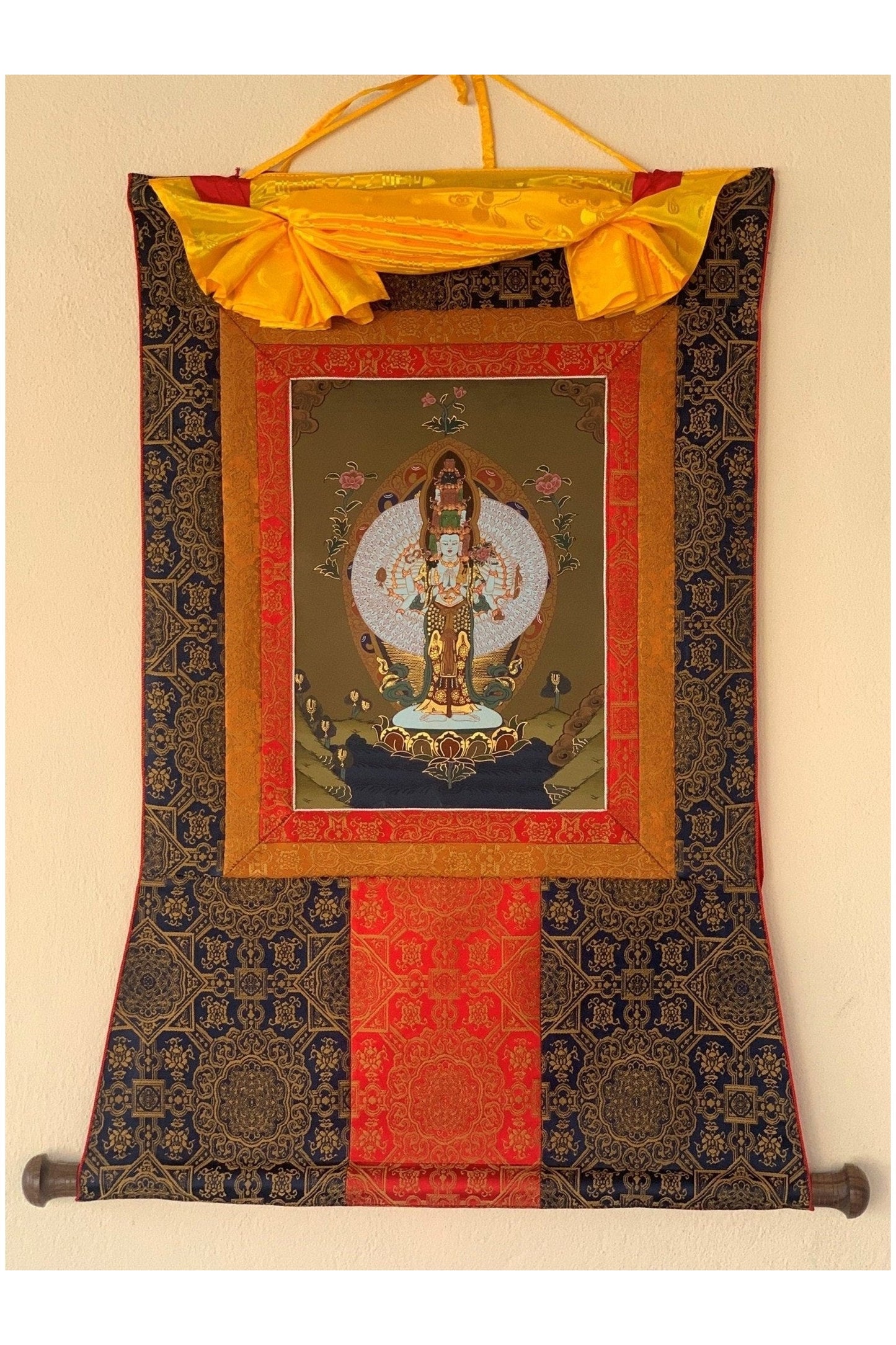 Chyangresi, Chenrezig, Avalokiteshvara, Bodhisattva, Thangka Painting, Original Art with Premium Silk Brocade - Tibetan Thangka Art