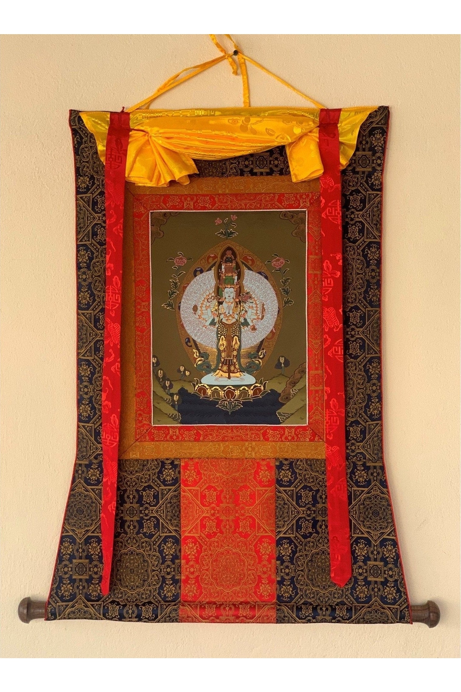 Chyangresi, Chenrezig, Avalokiteshvara, Bodhisattva, Thangka Painting, Original Art with Premium Silk Brocade - Tibetan Thangka Art