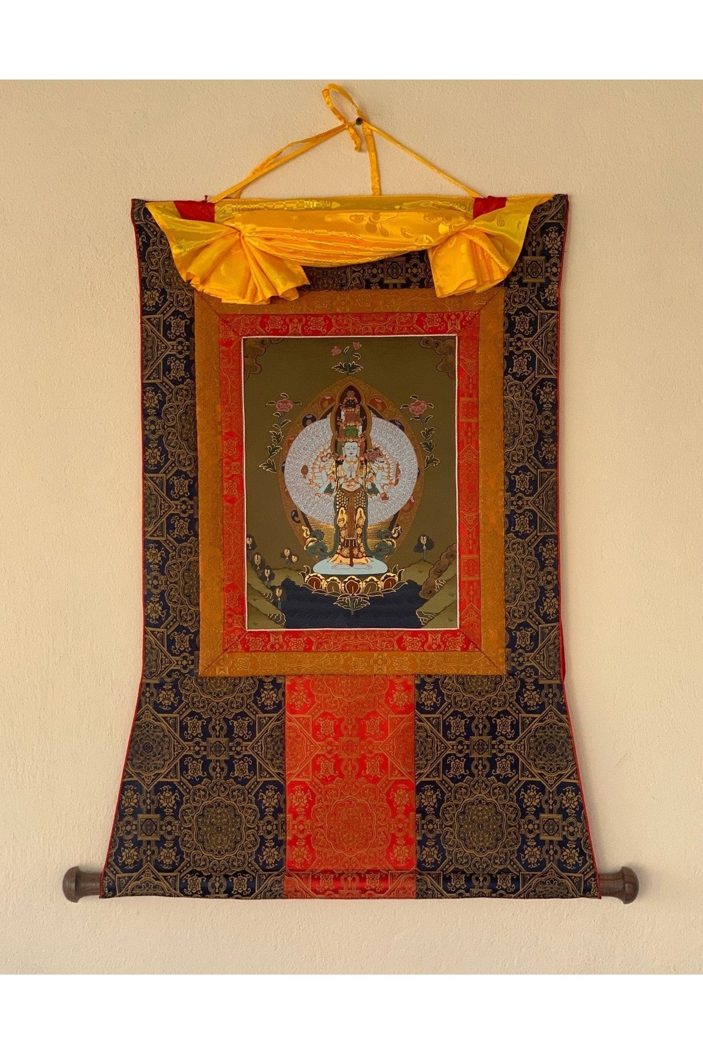 Chyangresi, Chenrezig, Avalokiteshvara, Bodhisattva, Thangka Painting, Original Art with Premium Silk Brocade - Tibetan Thangka Art