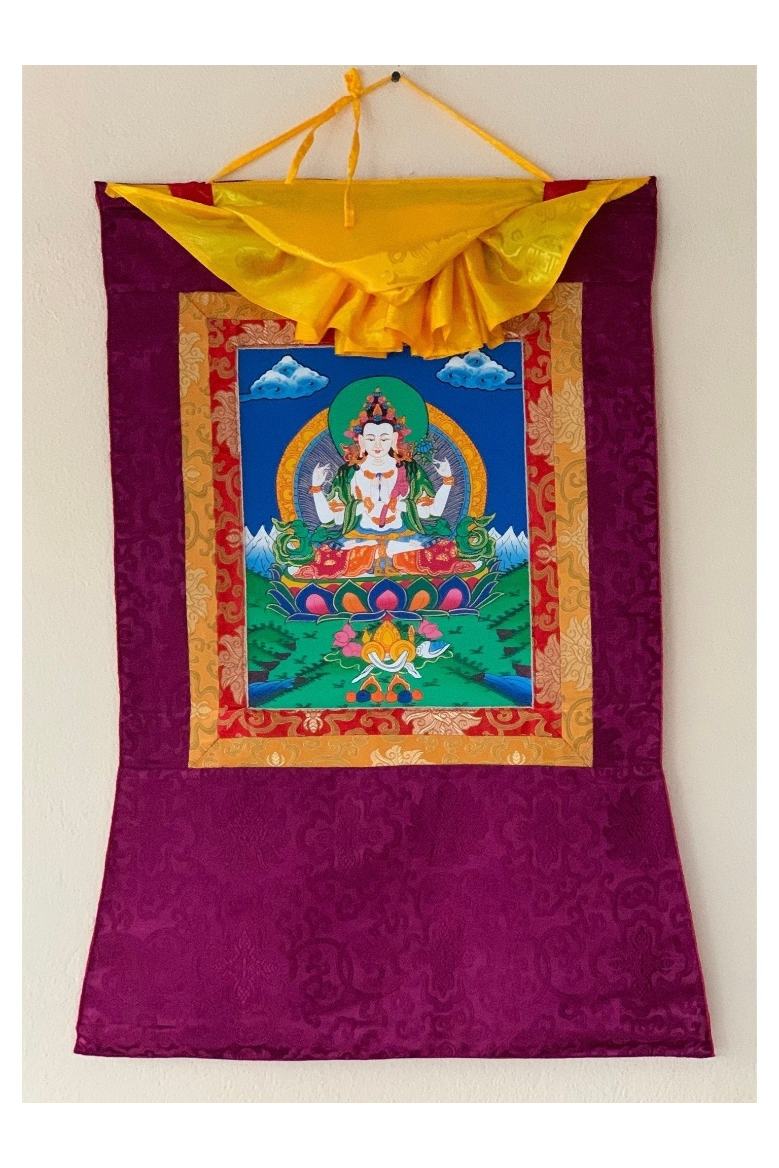 Chyangresi/Chenrezig/ Avalokiteshvara, Bodhisattva of Compassion, Original Tibetan Thangka/ Thanka Art/ Hand Painting with Silk Brocade - Tibetan Thangka Art