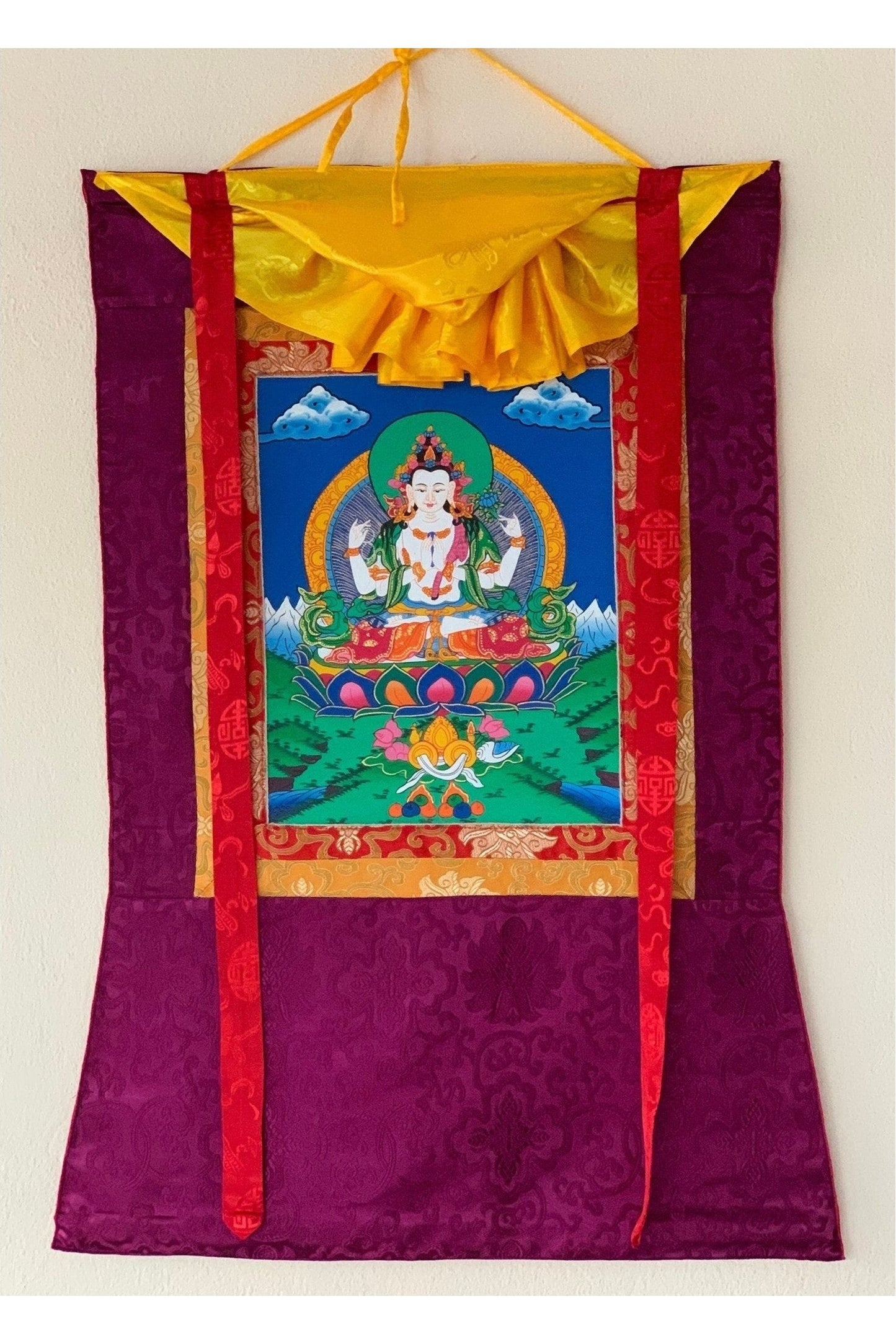 Chyangresi/Chenrezig/ Avalokiteshvara, Bodhisattva of Compassion, Original Tibetan Thangka/ Thanka Art/ Hand Painting with Silk Brocade - Tibetan Thangka Art