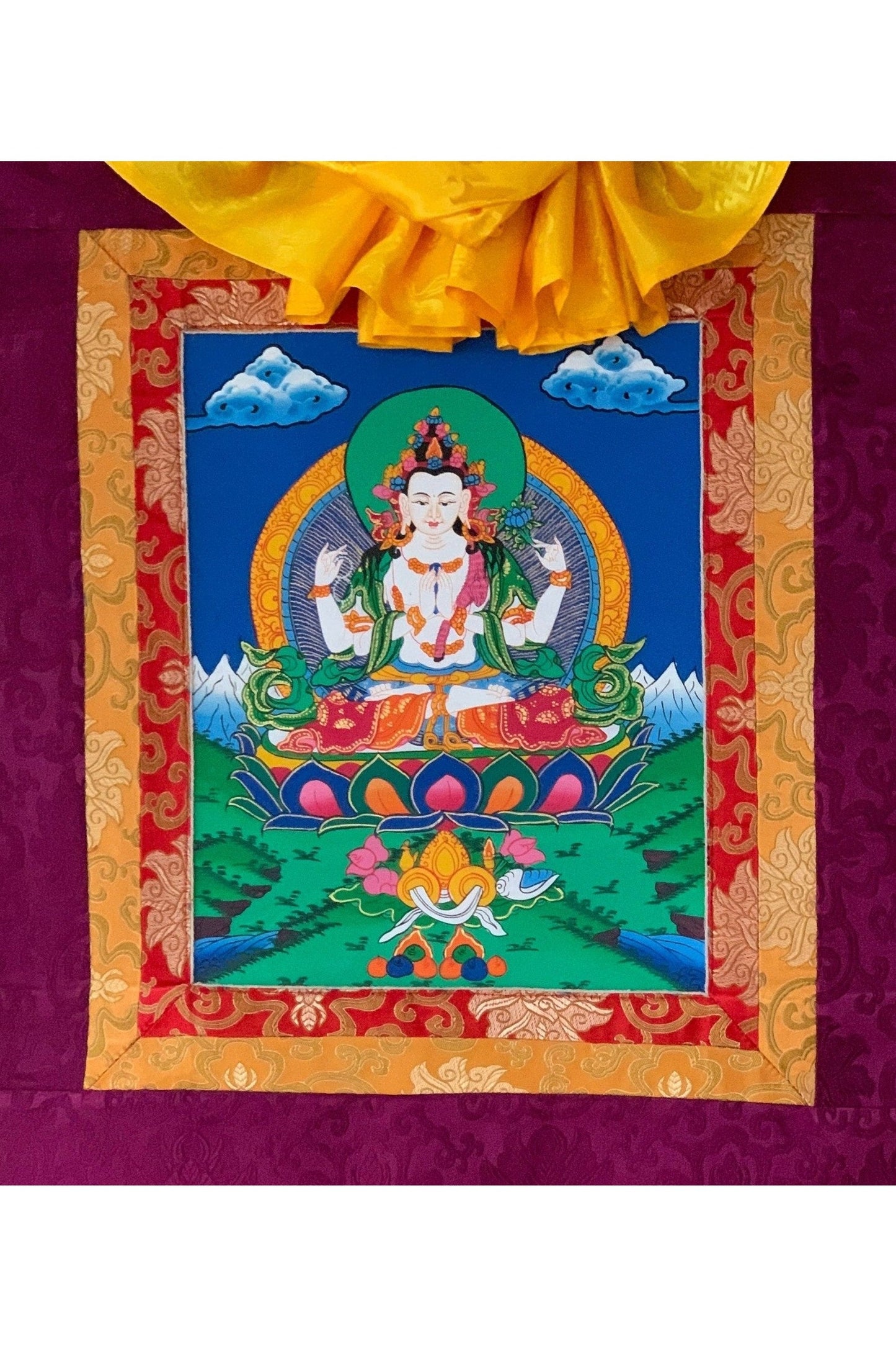 Chyangresi/Chenrezig/ Avalokiteshvara, Bodhisattva of Compassion, Original Tibetan Thangka/ Thanka Art/ Hand Painting with Silk Brocade - Tibetan Thangka Art