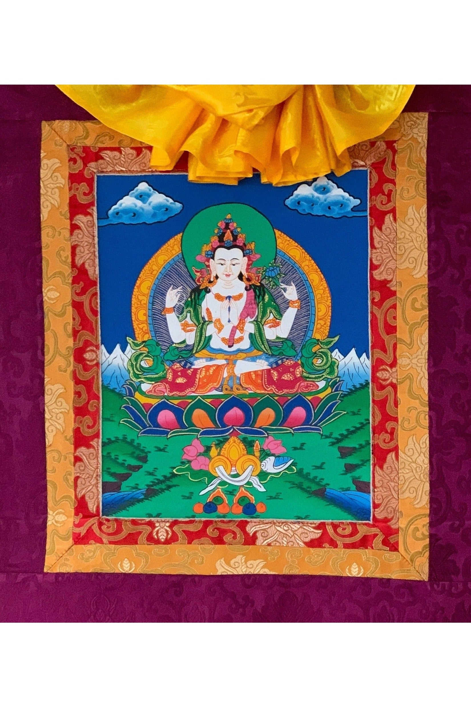 Chyangresi/Chenrezig/ Avalokiteshvara, Bodhisattva of Compassion, Original Tibetan Thangka/ Thanka Art/ Hand Painting with Silk Brocade - Tibetan Thangka Art