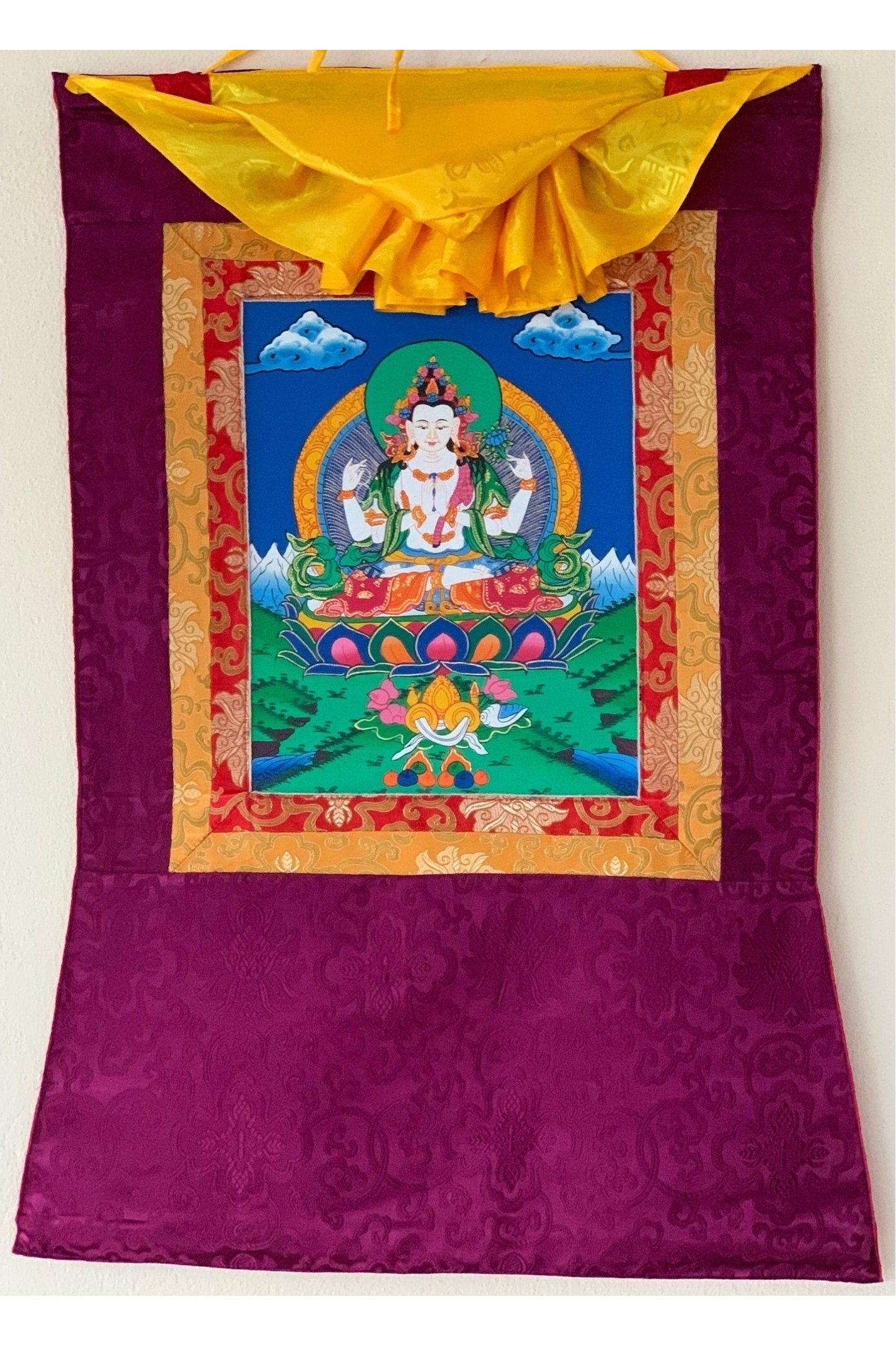 Chyangresi/Chenrezig/ Avalokiteshvara, Bodhisattva of Compassion, Original Tibetan Thangka/ Thanka Art/ Hand Painting with Silk Brocade - Tibetan Thangka Art