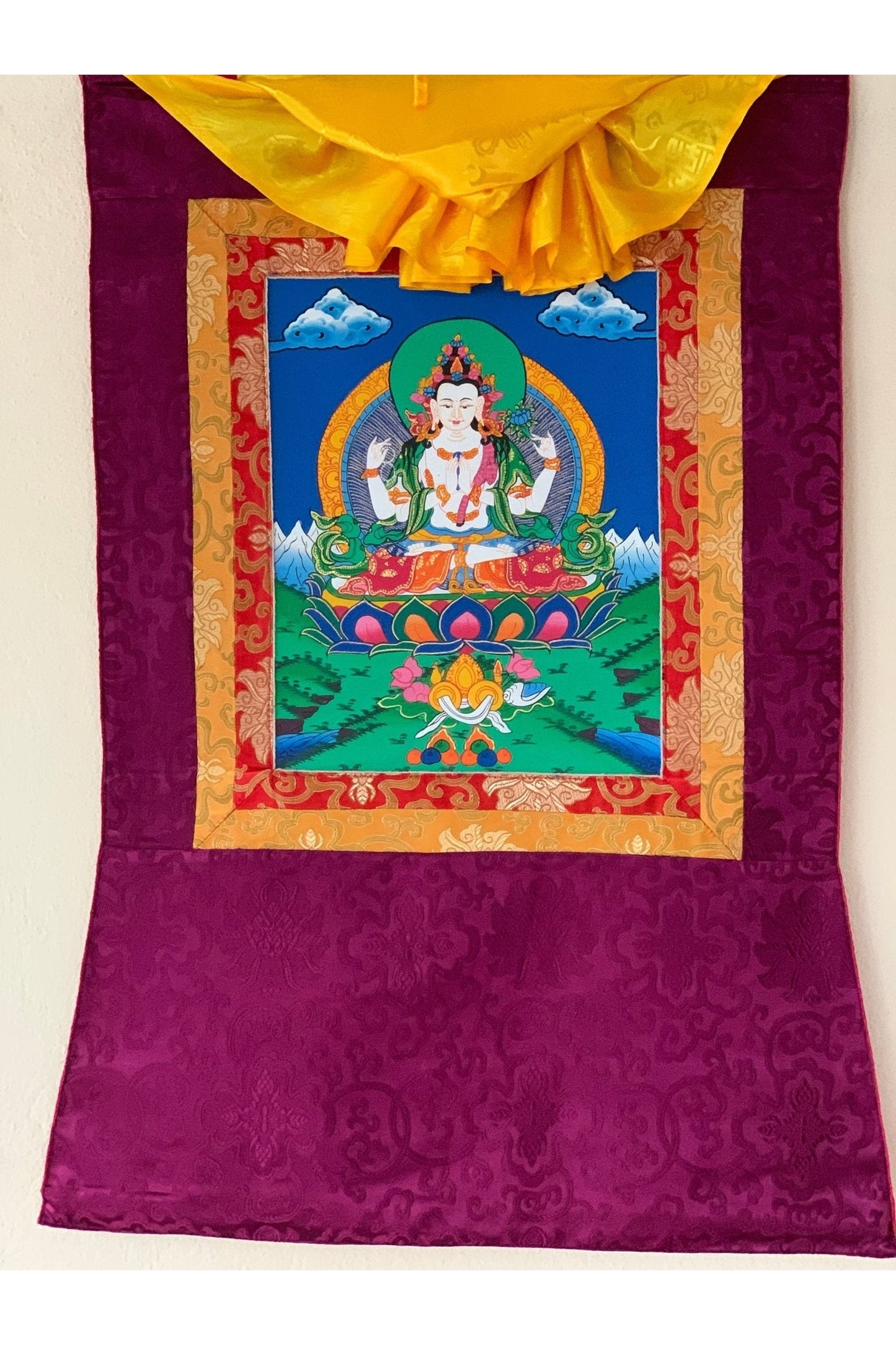 Chyangresi/Chenrezig/ Avalokiteshvara, Bodhisattva of Compassion, Original Tibetan Thangka/ Thanka Art/ Hand Painting with Silk Brocade - Tibetan Thangka Art