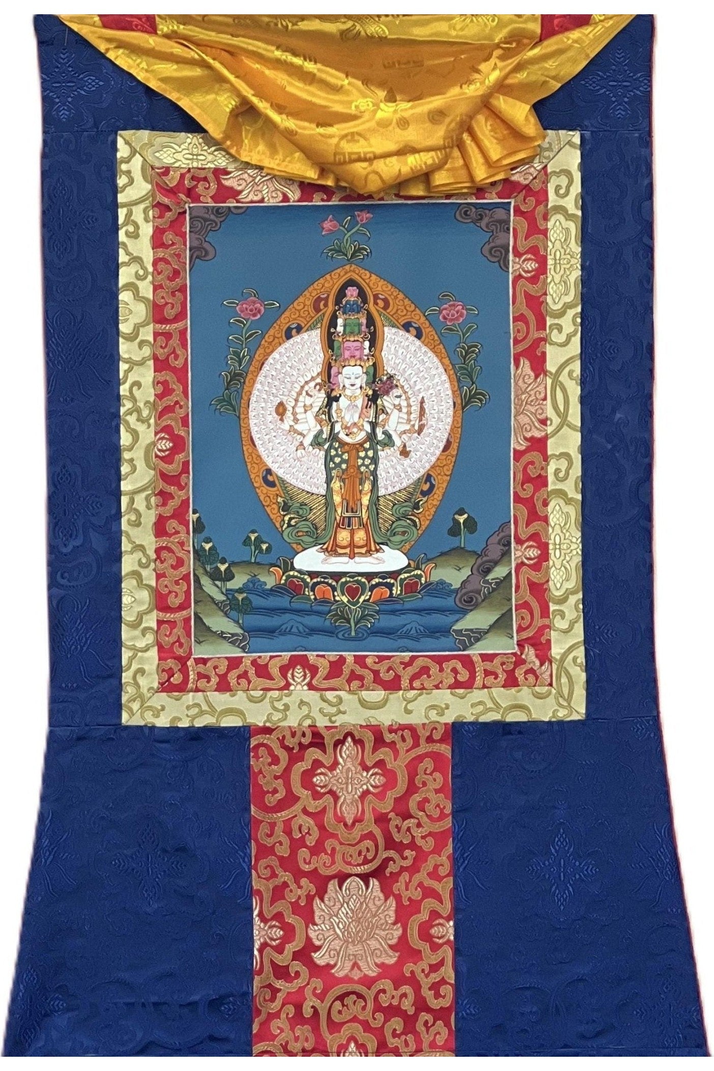 Chyangresi/Chenrezig/ Avalokiteshvara Tibetan Thangka Painting, Original Art/ Hand Painting with Silk Border - Tibetan Thangka Art