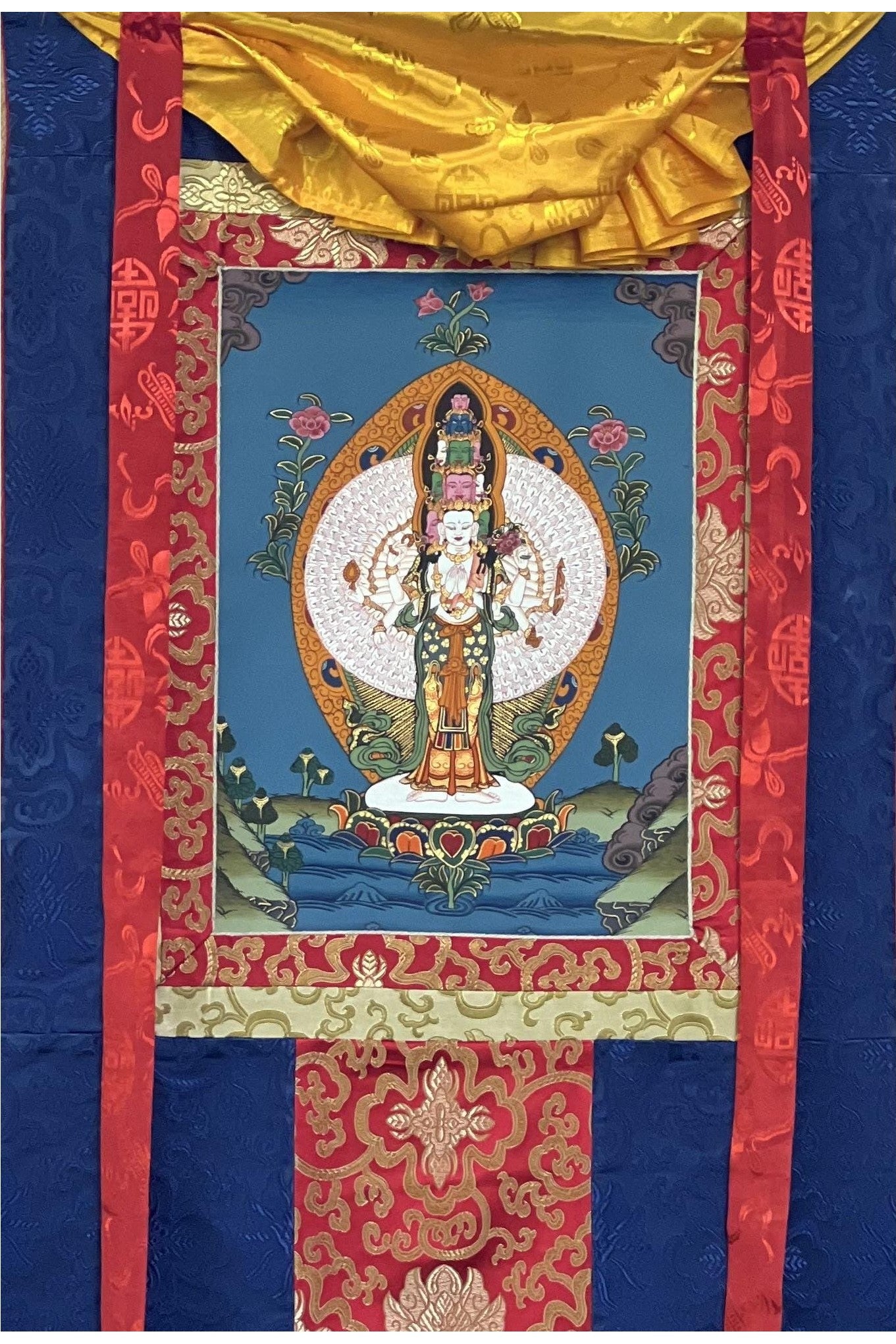 Chyangresi/Chenrezig/ Avalokiteshvara Tibetan Thangka Painting, Original Art/ Hand Painting with Silk Border - Tibetan Thangka Art