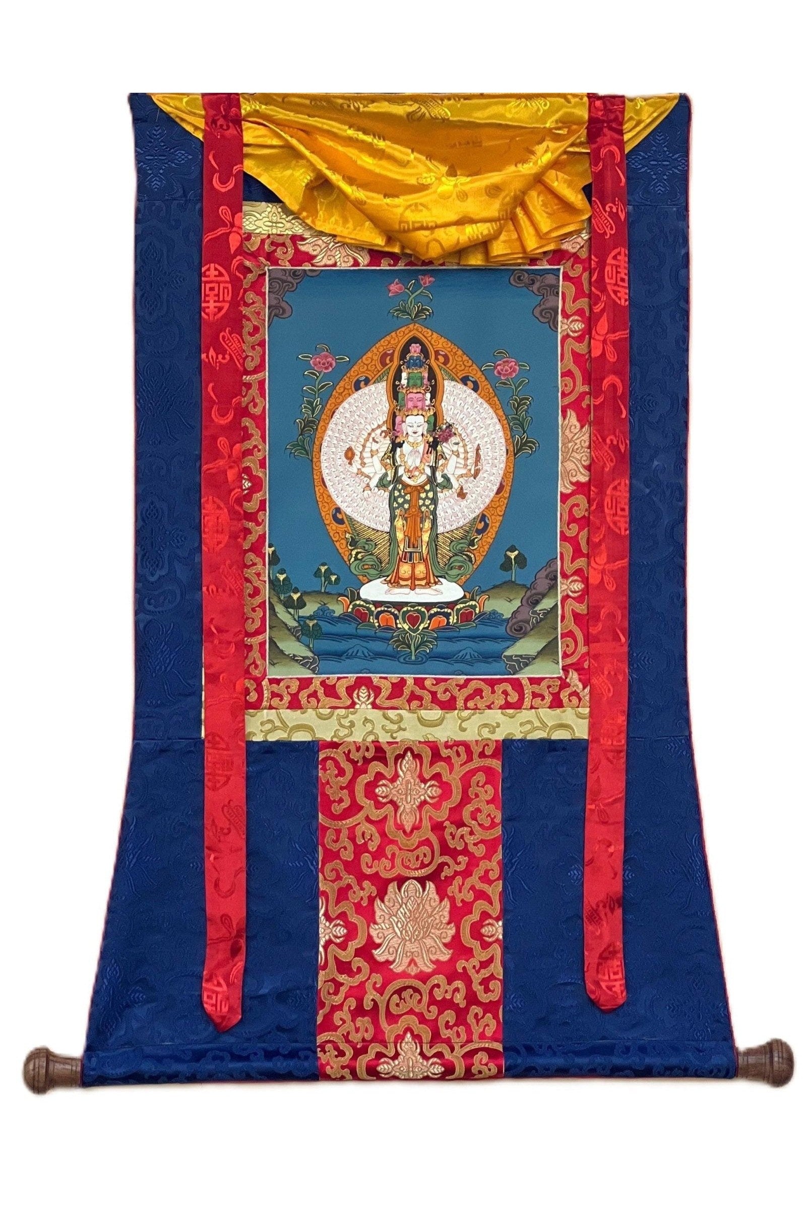 Chyangresi/Chenrezig/ Avalokiteshvara Tibetan Thangka Painting, Original Art/ Hand Painting with Silk Border - Tibetan Thangka Art