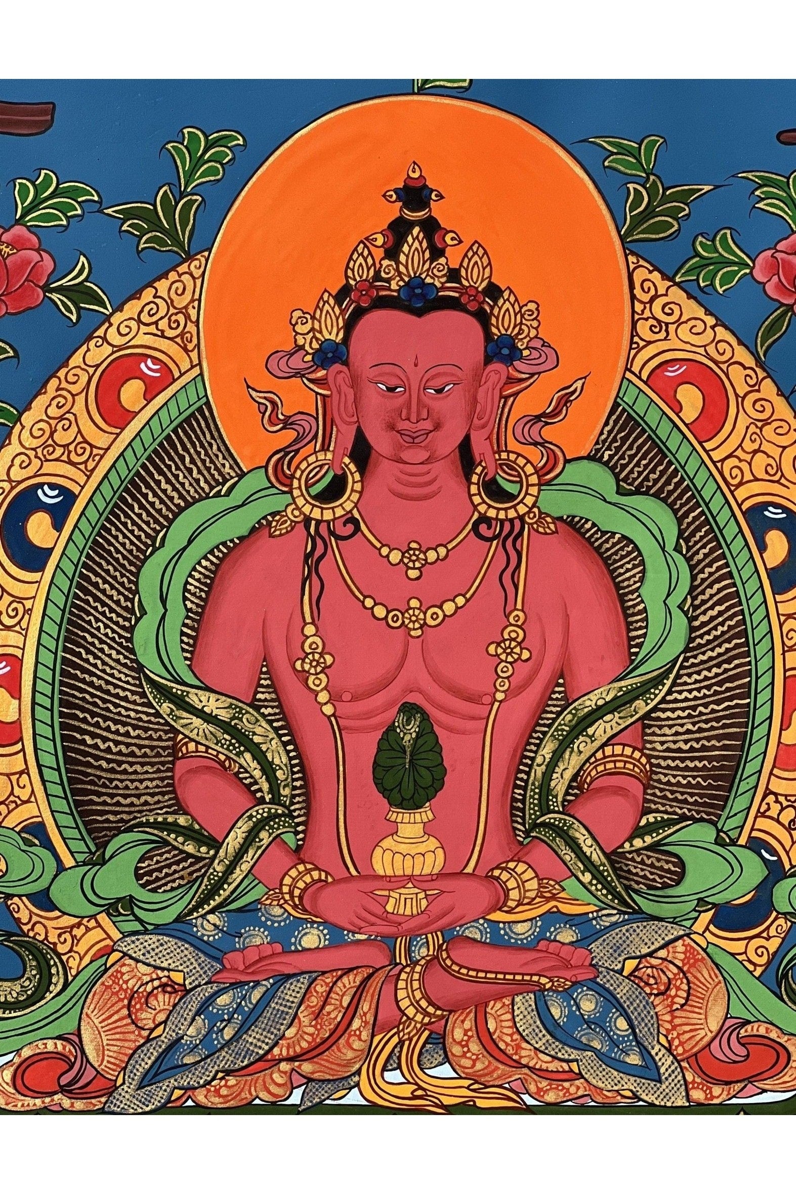 Eternal Serenity Unveiled Original Hand - Painted Amitayus Buddha in Pure Land Sukhavati - Compassionate Meditation Tibetan Thangka Painting - Tibetan Thangka Art