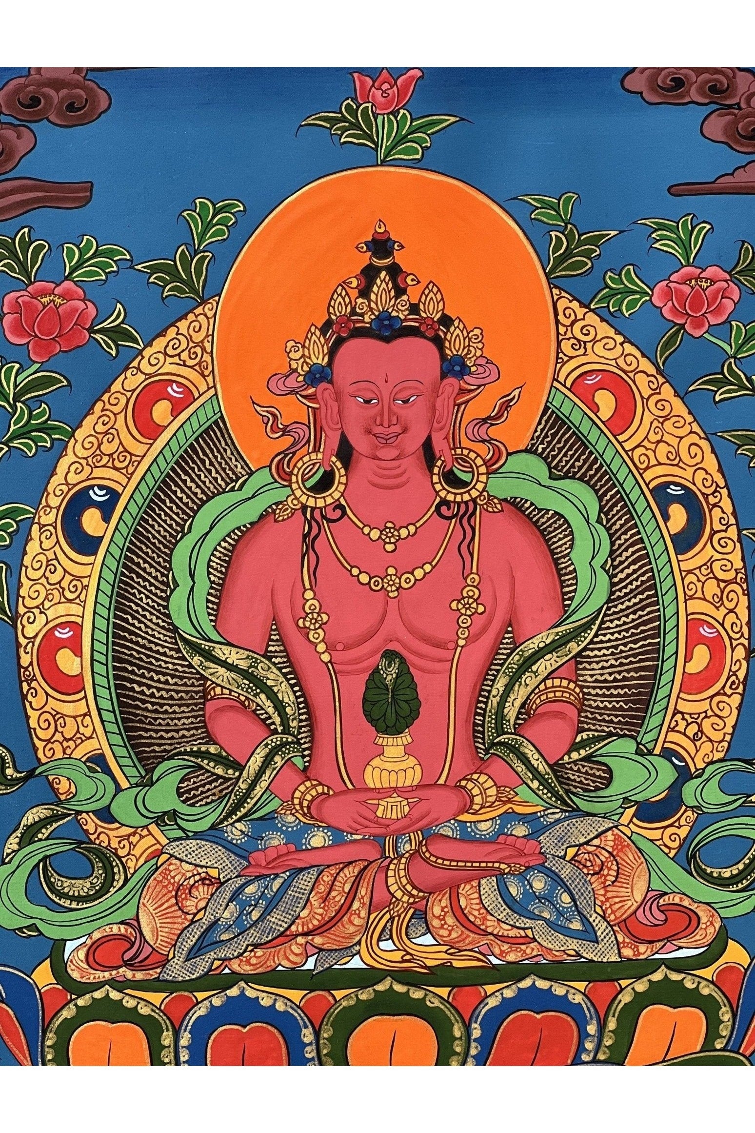 Eternal Serenity Unveiled Original Hand - Painted Amitayus Buddha in Pure Land Sukhavati - Compassionate Meditation Tibetan Thangka Painting - Tibetan Thangka Art