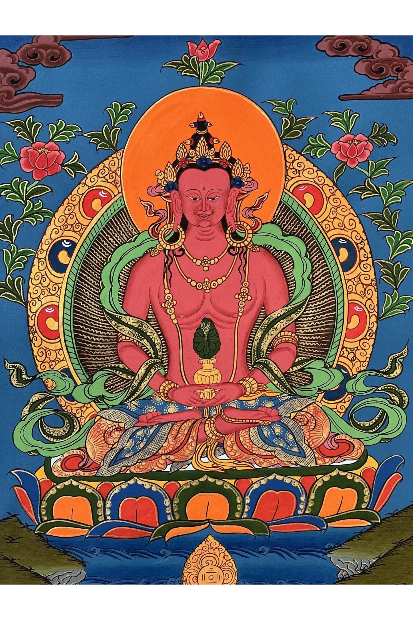 Eternal Serenity Unveiled Original Hand - Painted Amitayus Buddha in Pure Land Sukhavati - Compassionate Meditation Tibetan Thangka Painting - Tibetan Thangka Art