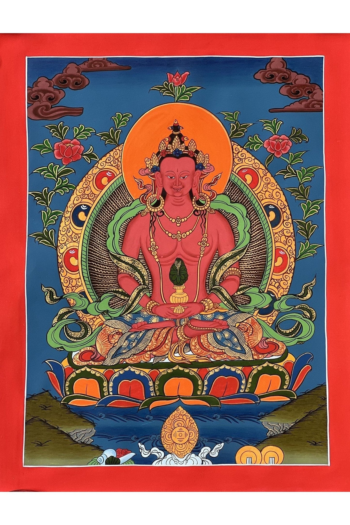 Eternal Serenity Unveiled Original Hand - Painted Amitayus Buddha in Pure Land Sukhavati - Compassionate Meditation Tibetan Thangka Painting - Tibetan Thangka Art