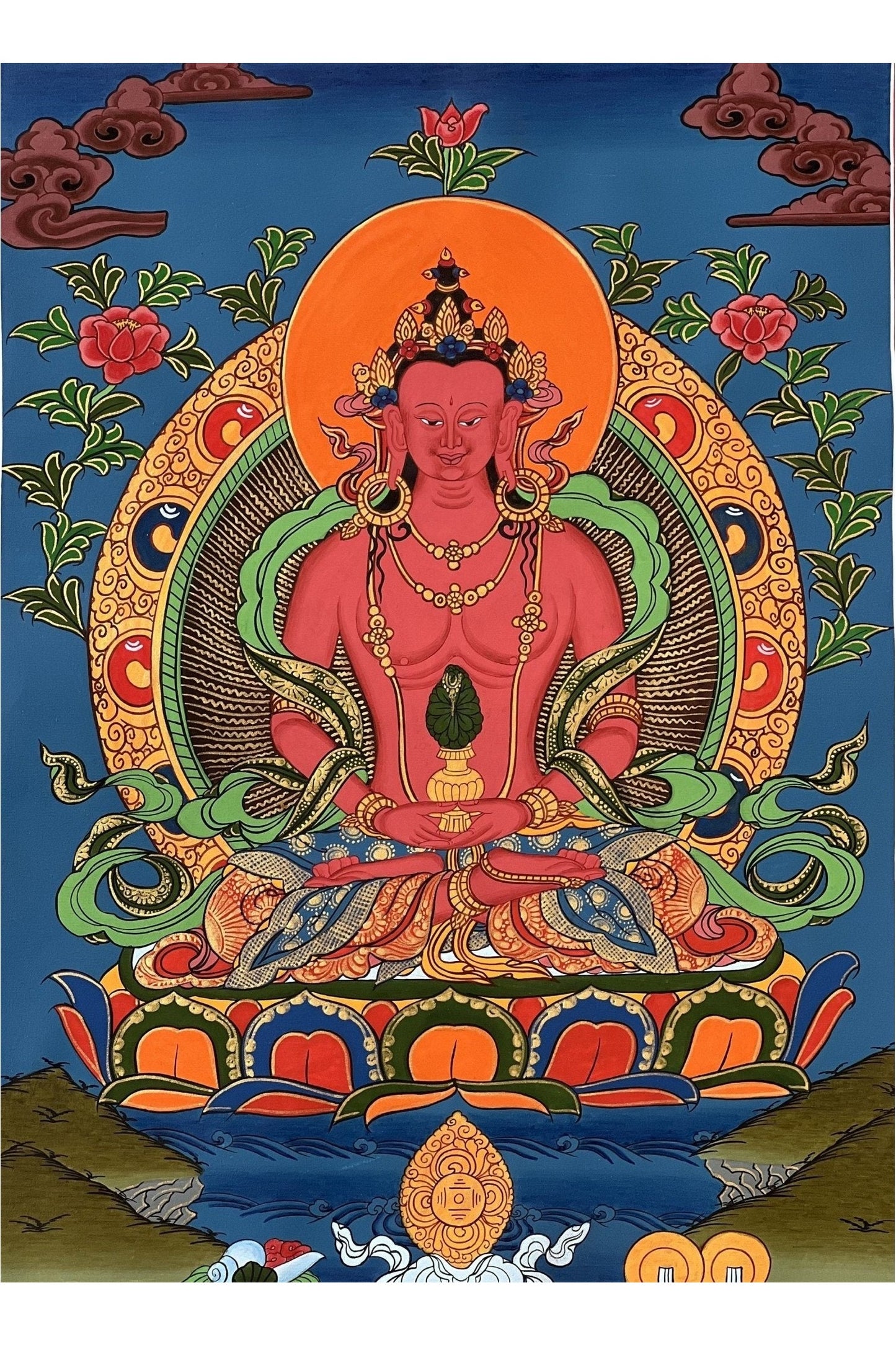 Eternal Serenity Unveiled Original Hand - Painted Amitayus Buddha in Pure Land Sukhavati - Compassionate Meditation Tibetan Thangka Painting - Tibetan Thangka Art