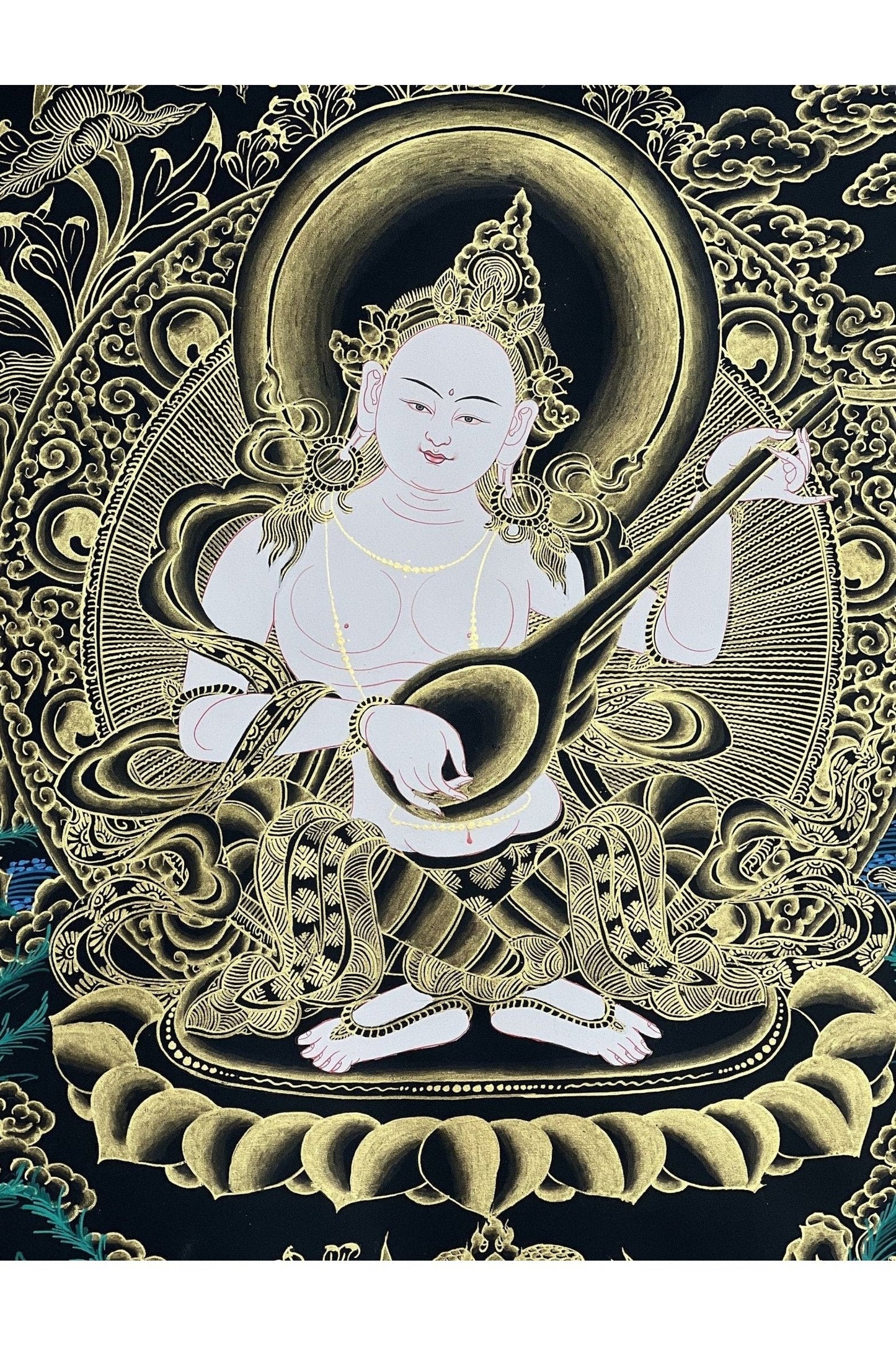 Eternal Wisdom Unveiled: Mother Saraswati/ Sharashvati Goddess of Wisdom/ Music/ Learning Original Tibetan Thangka Painting - Tibetan Thangka Art