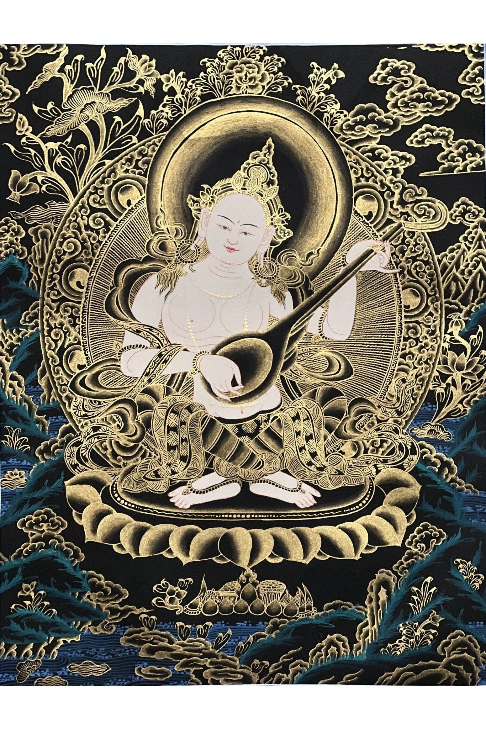 Eternal Wisdom Unveiled: Mother Saraswati/ Sharashvati Goddess of Wisdom/ Music/ Learning Original Tibetan Thangka Painting - Tibetan Thangka Art