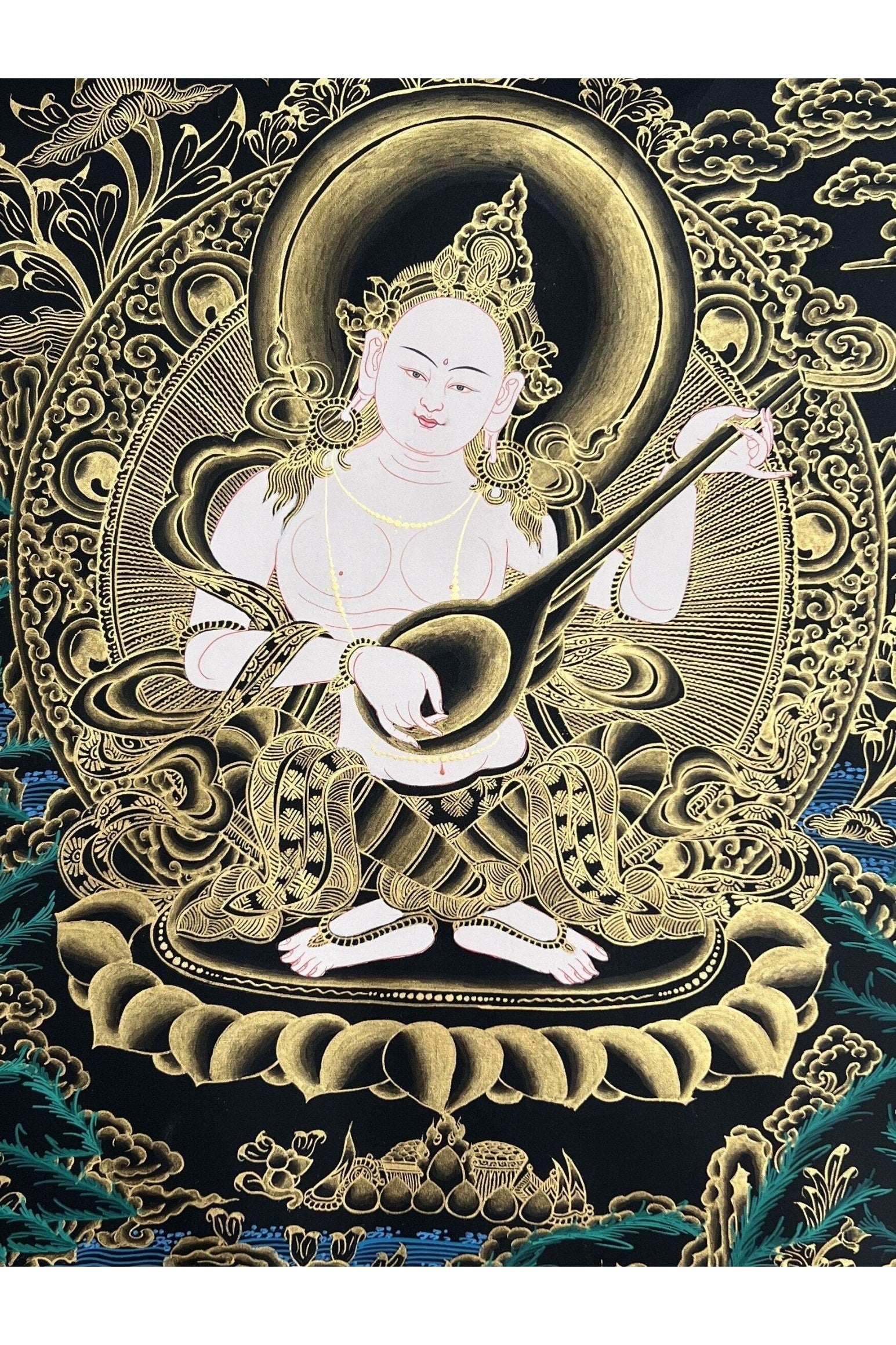 Eternal Wisdom Unveiled: Mother Saraswati/ Sharashvati Goddess of Wisdom/ Music/ Learning Original Tibetan Thangka Painting - Tibetan Thangka Art