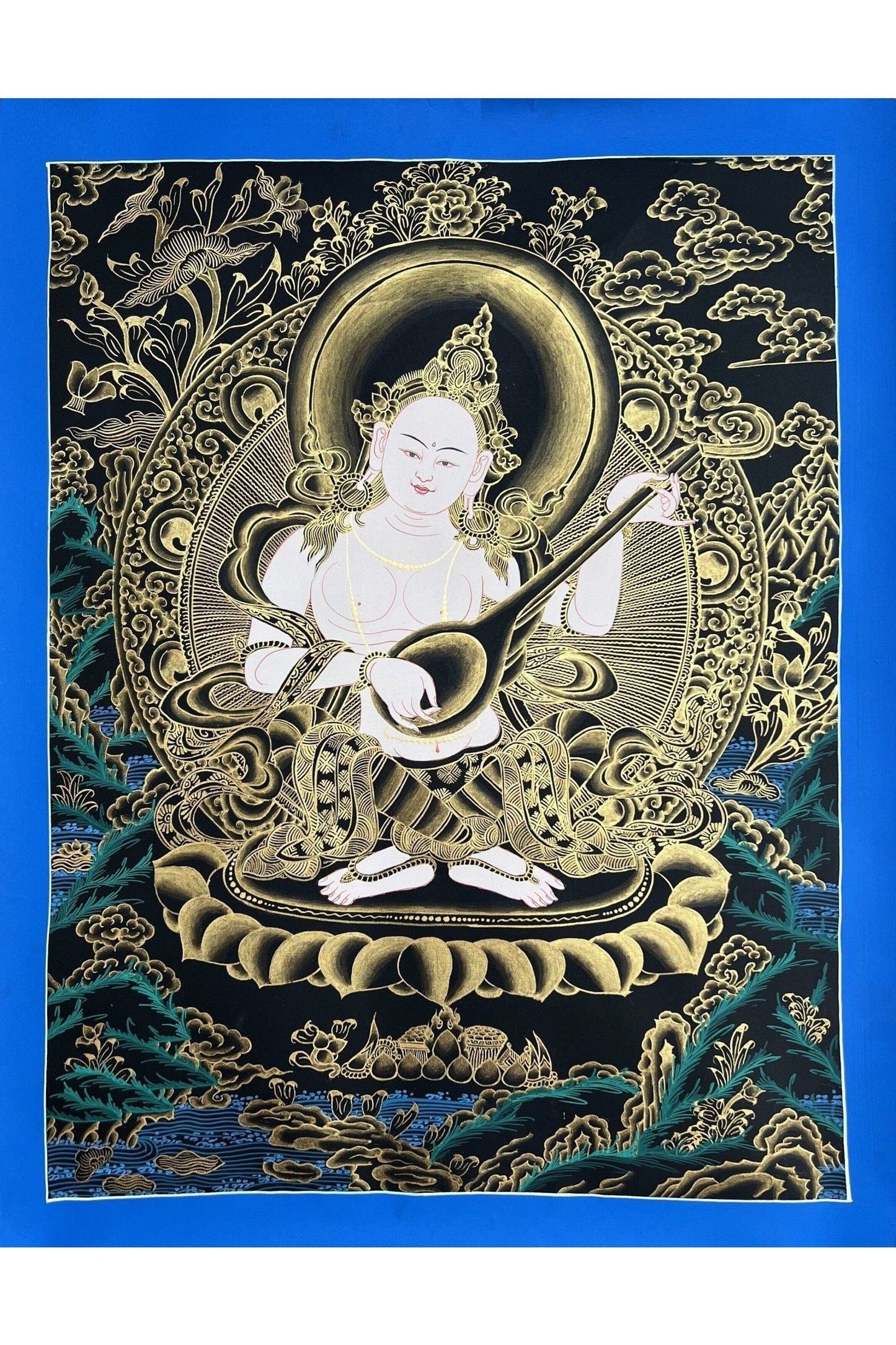 Eternal Wisdom Unveiled: Mother Saraswati/ Sharashvati Goddess of Wisdom/ Music/ Learning Original Tibetan Thangka Painting - Tibetan Thangka Art