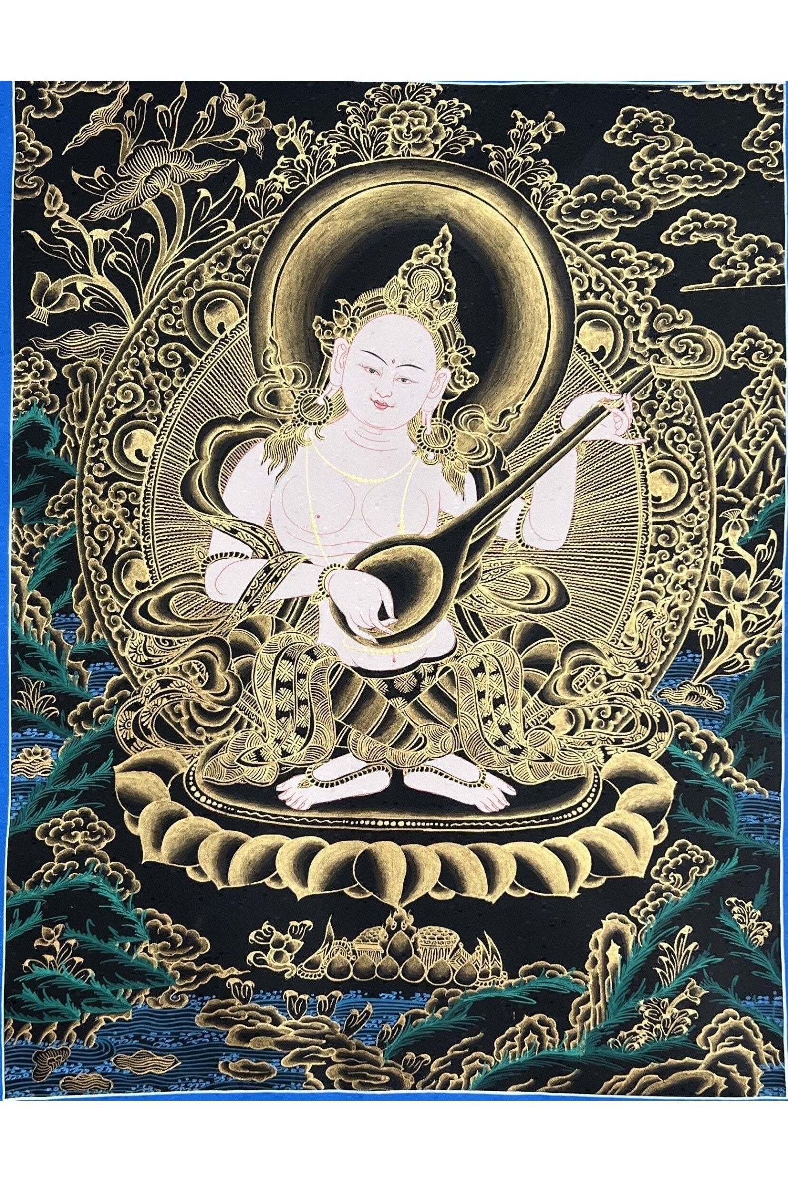 Eternal Wisdom Unveiled: Mother Saraswati/ Sharashvati Goddess of Wisdom/ Music/ Learning Original Tibetan Thangka Painting - Tibetan Thangka Art