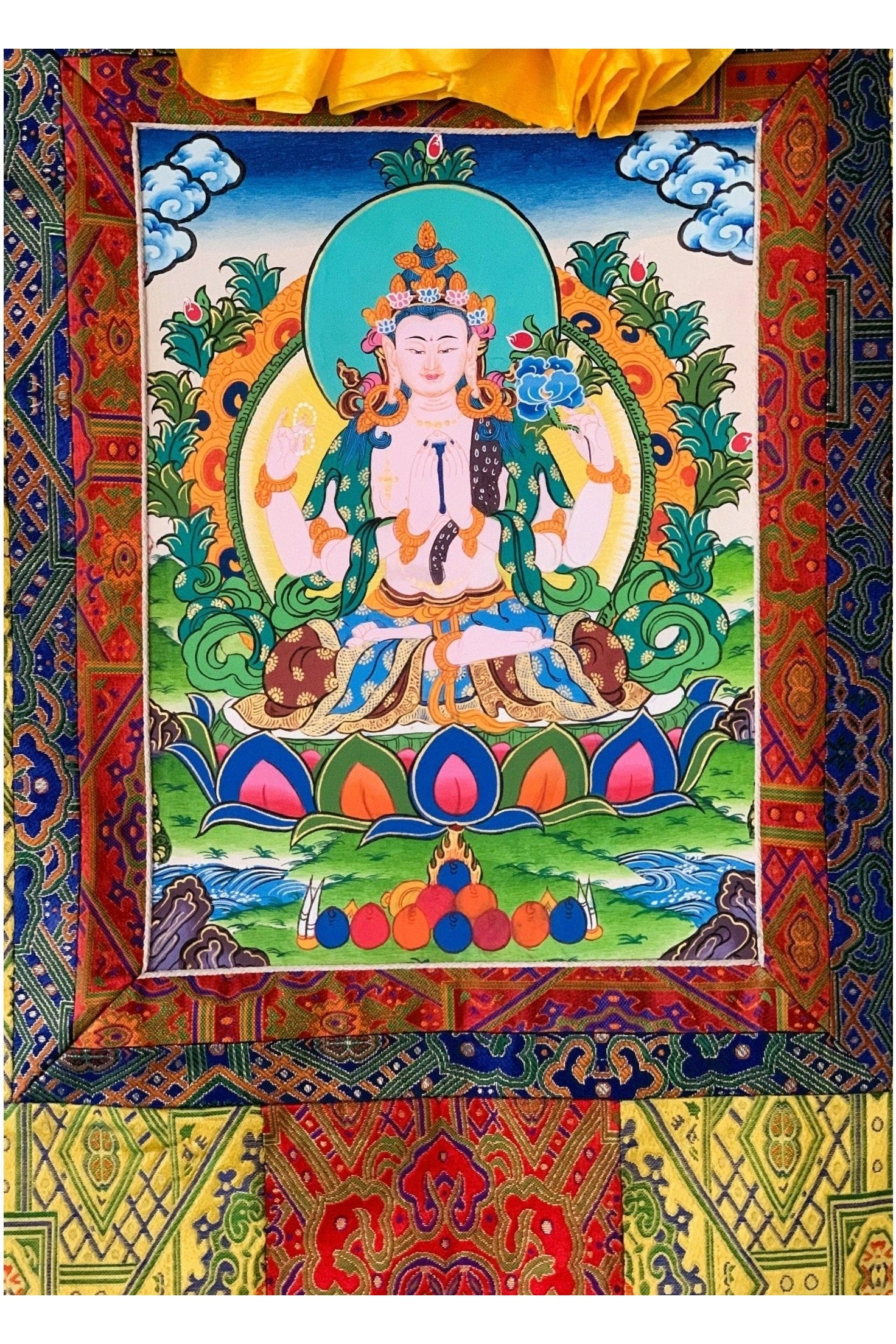 Four - Armed Avalokiteshvara/Lokeswor/ Chyangresi/ Chenrezig Original Masterpiece Tibetan, Thangka Painting with High Quality Silk Brocade - Tibetan Thangka Art