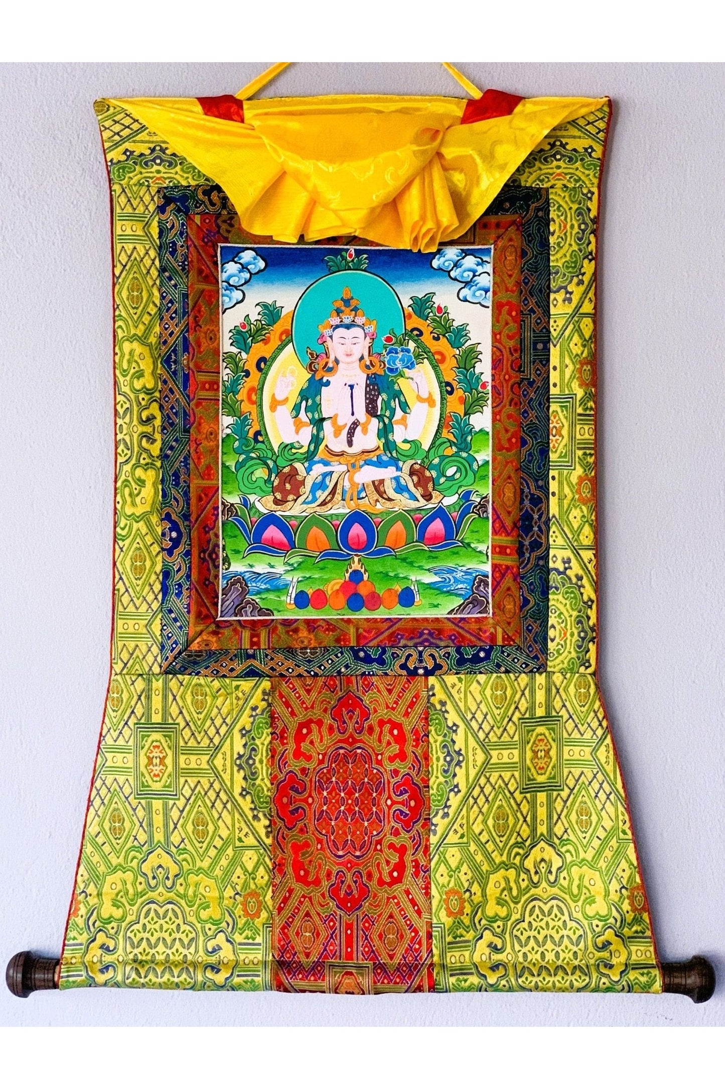 Four - Armed Avalokiteshvara/Lokeswor/ Chyangresi/ Chenrezig Original Masterpiece Tibetan, Thangka Painting with High Quality Silk Brocade - Tibetan Thangka Art