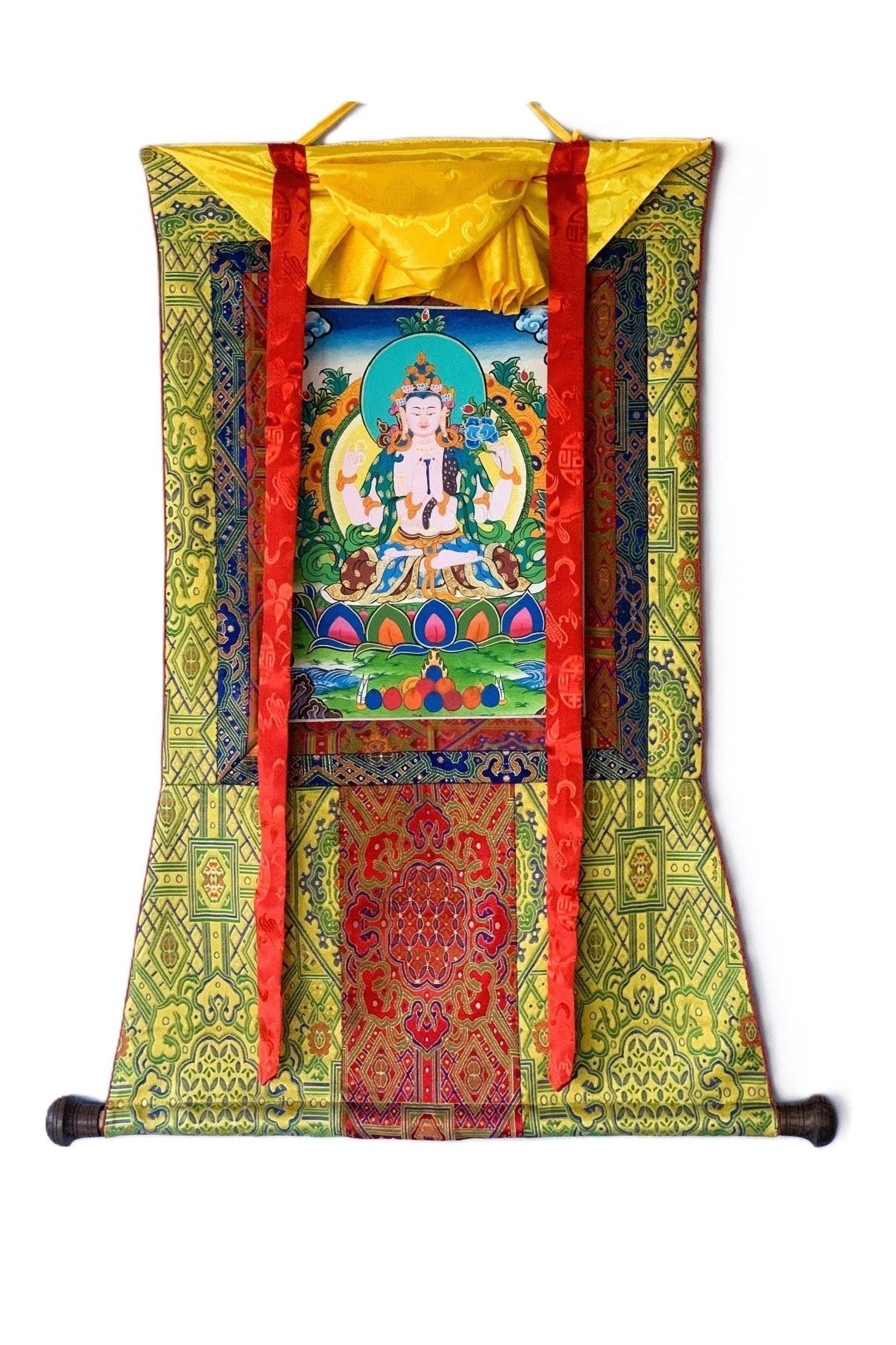 Four - Armed Avalokiteshvara/Lokeswor/ Chyangresi/ Chenrezig Original Masterpiece Tibetan, Thangka Painting with High Quality Silk Brocade - Tibetan Thangka Art