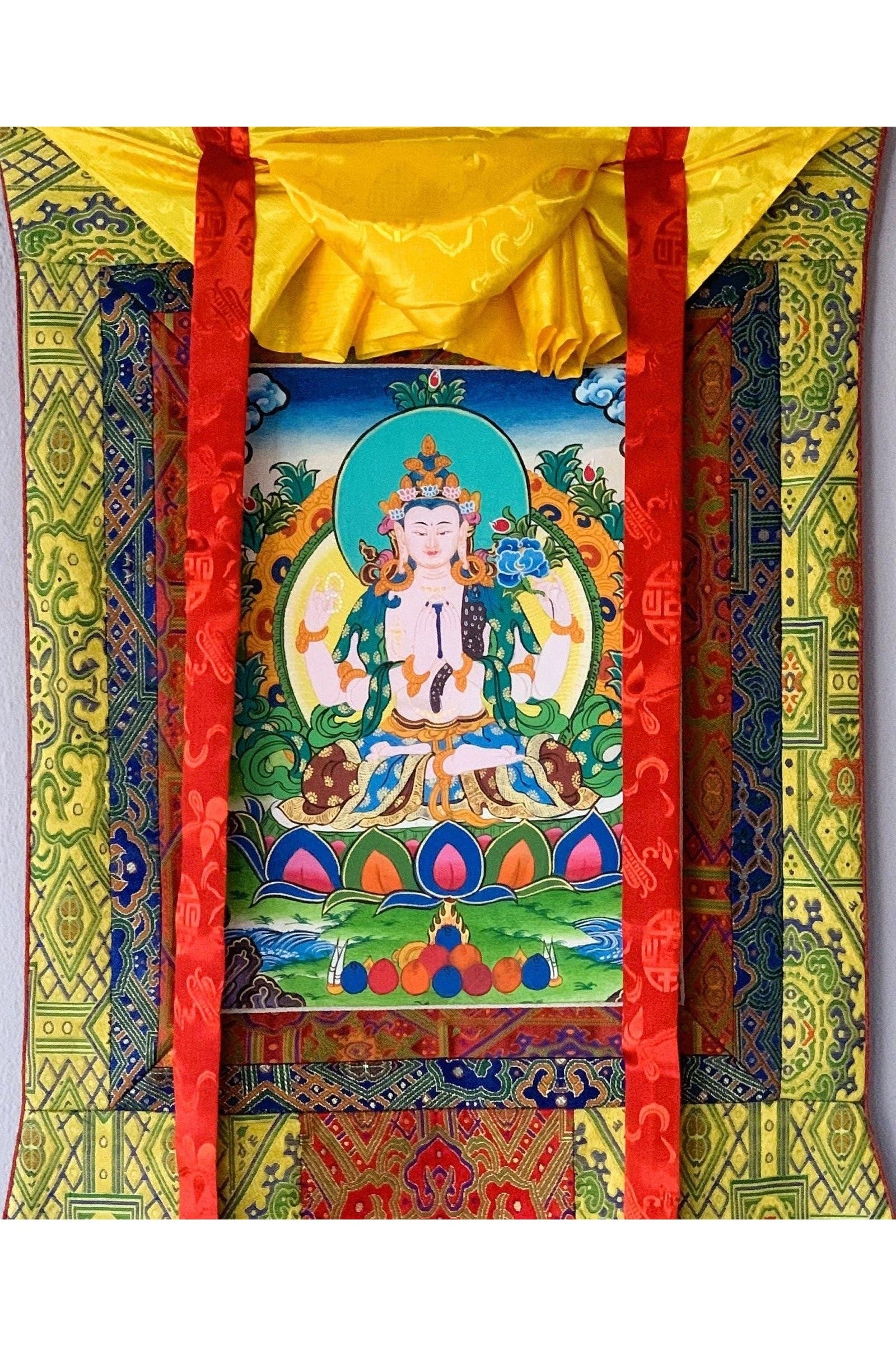 Four - Armed Avalokiteshvara/Lokeswor/ Chyangresi/ Chenrezig Original Masterpiece Tibetan, Thangka Painting with High Quality Silk Brocade - Tibetan Thangka Art