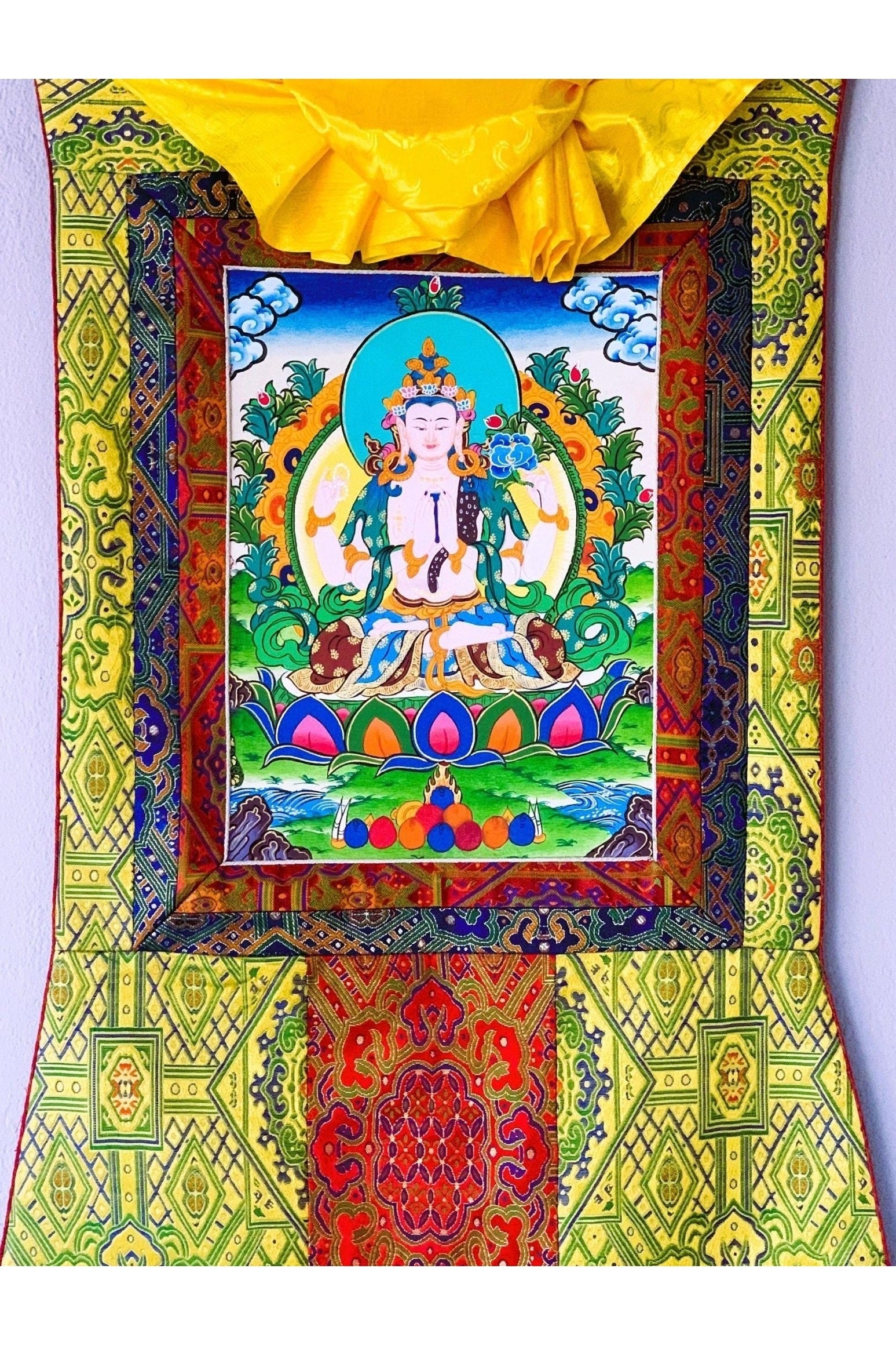 Four - Armed Avalokiteshvara/Lokeswor/ Chyangresi/ Chenrezig Original Masterpiece Tibetan, Thangka Painting with High Quality Silk Brocade - Tibetan Thangka Art